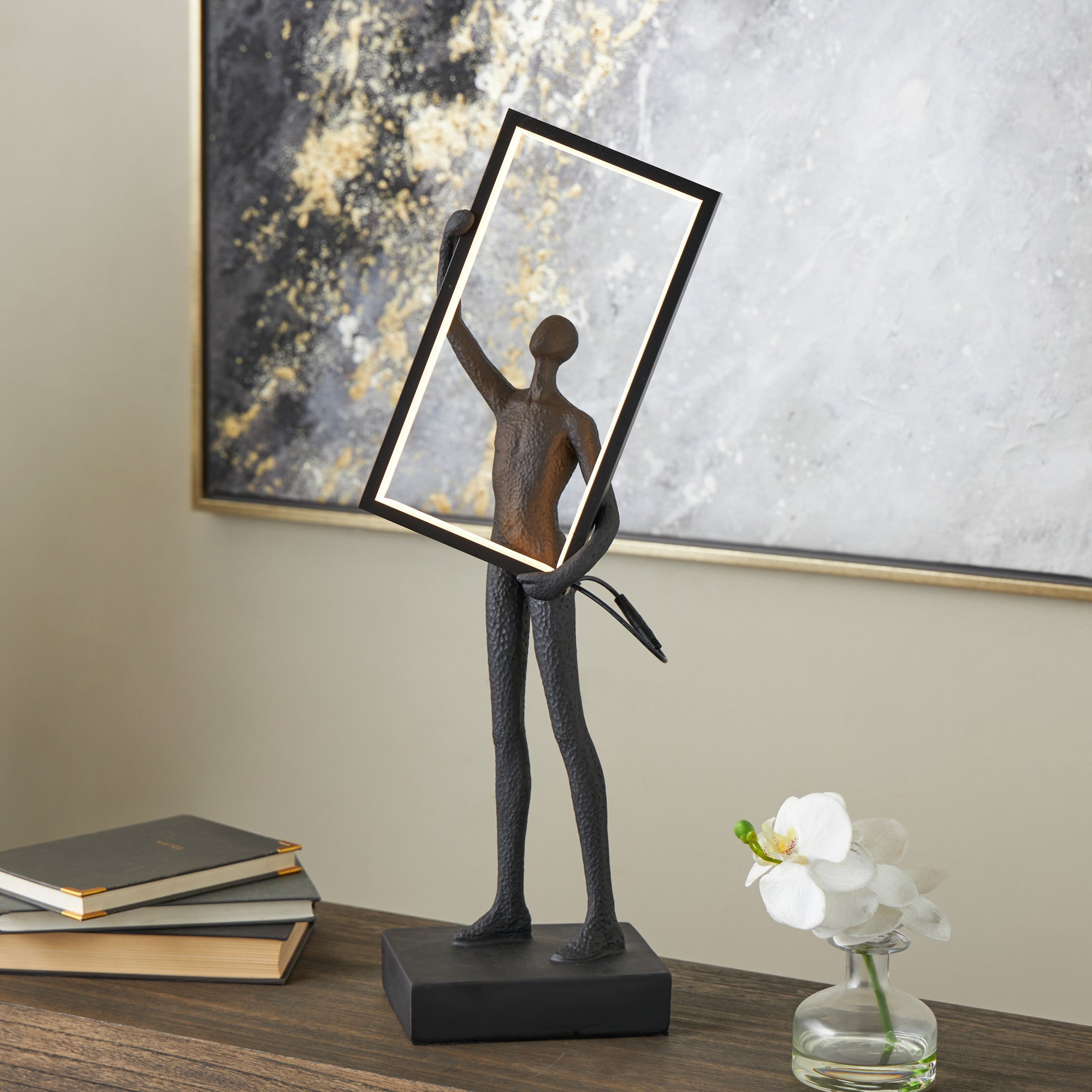 People Black Resin Concaved Room Table Lamp with Rectangular Frame and Copper Shadings