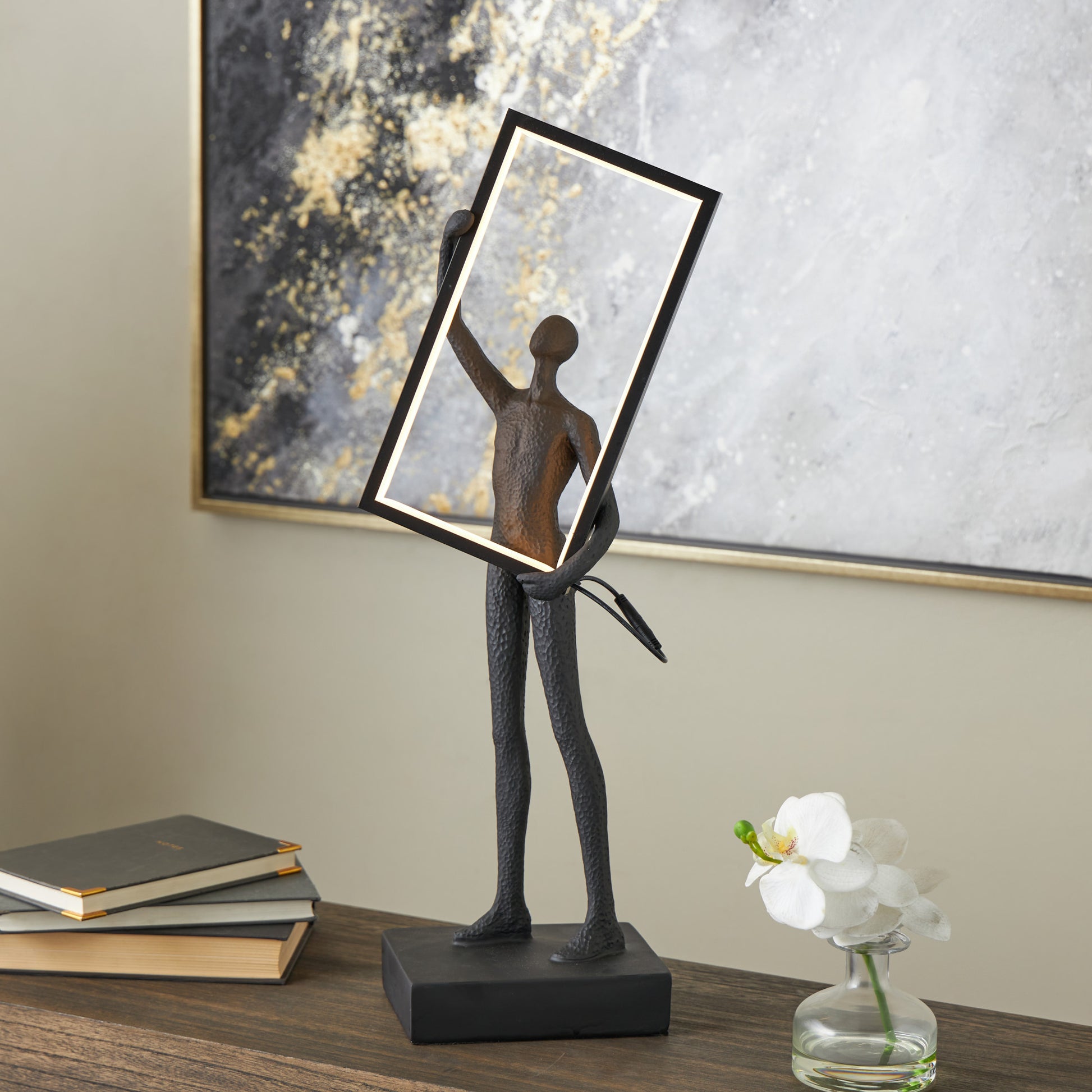 People Black Resin Concaved Room Table Lamp with Rectangular Frame and Copper Shadings