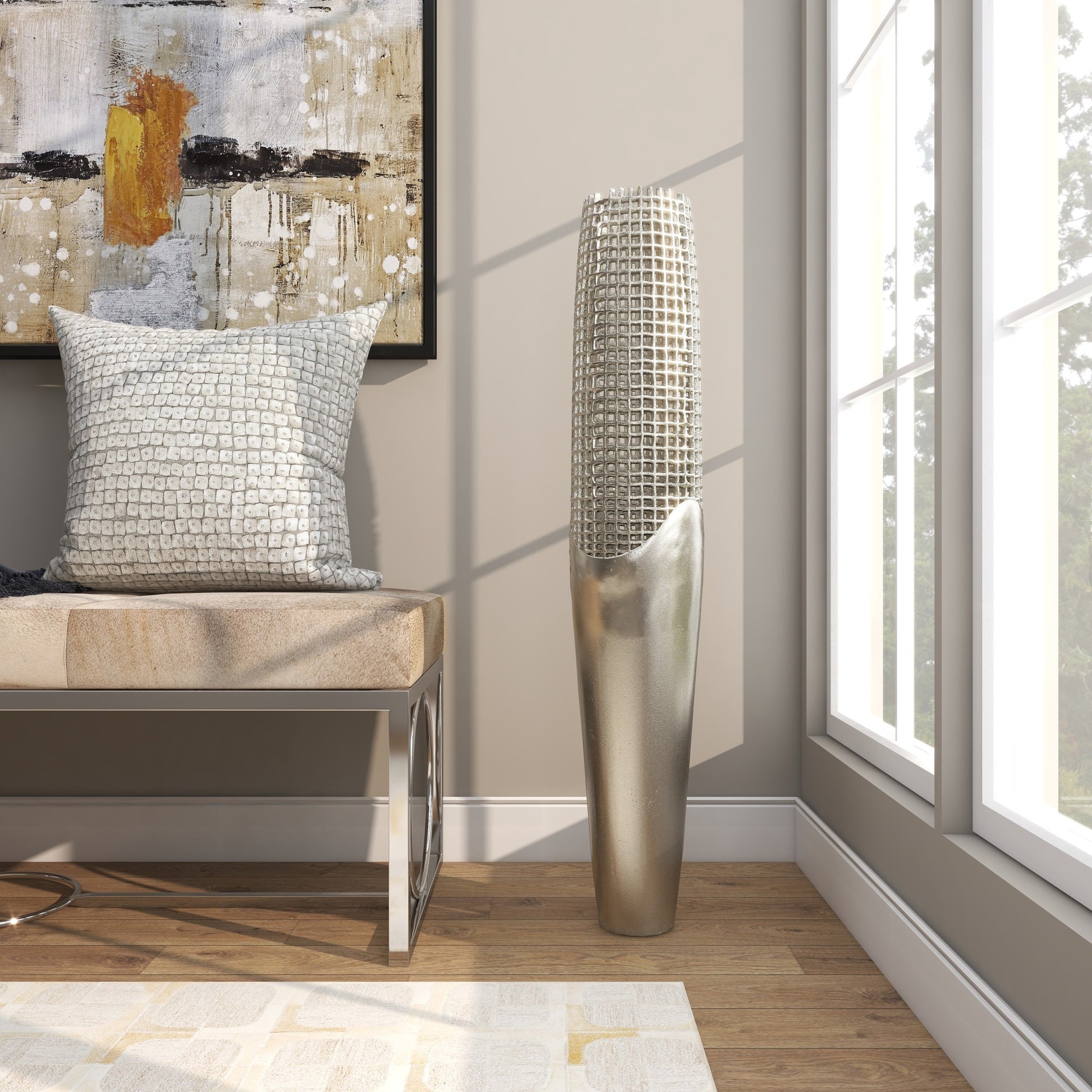 Silver Aluminum Metal Tall Grid Inspired Decorative Vase with Open Frame Design