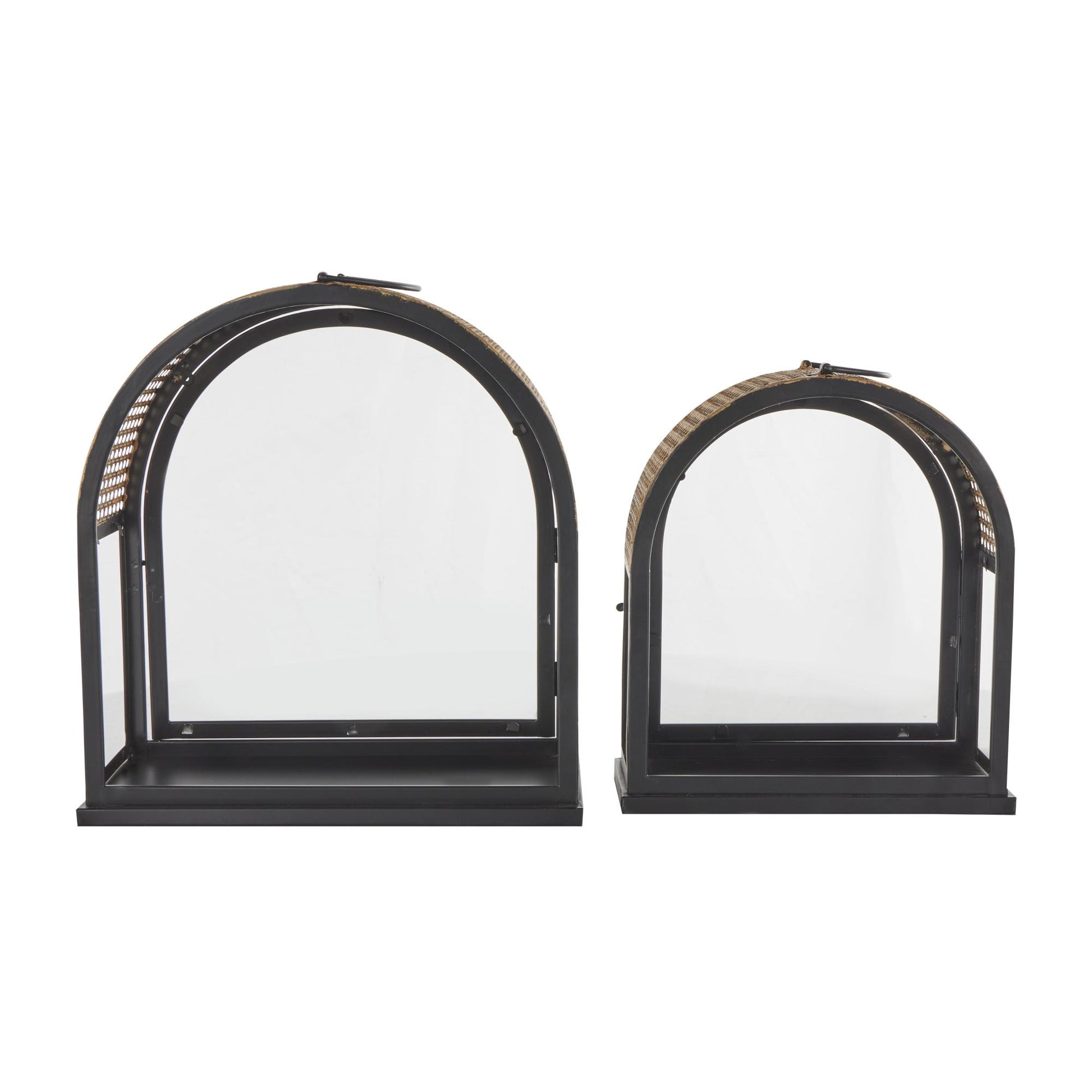 Set of 2 Black Metal Arched Indoor Outdoor Candle Lantern with Cane Inspired Gold Tops