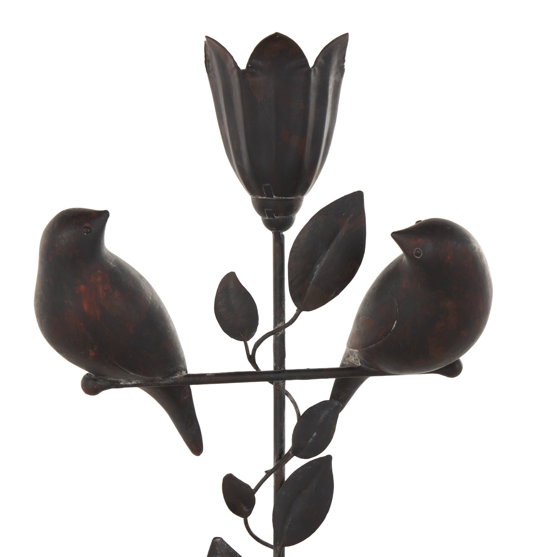 Bird Black Polystone Perching Decorative Sculpture with Leaf Vine and Copper Shading