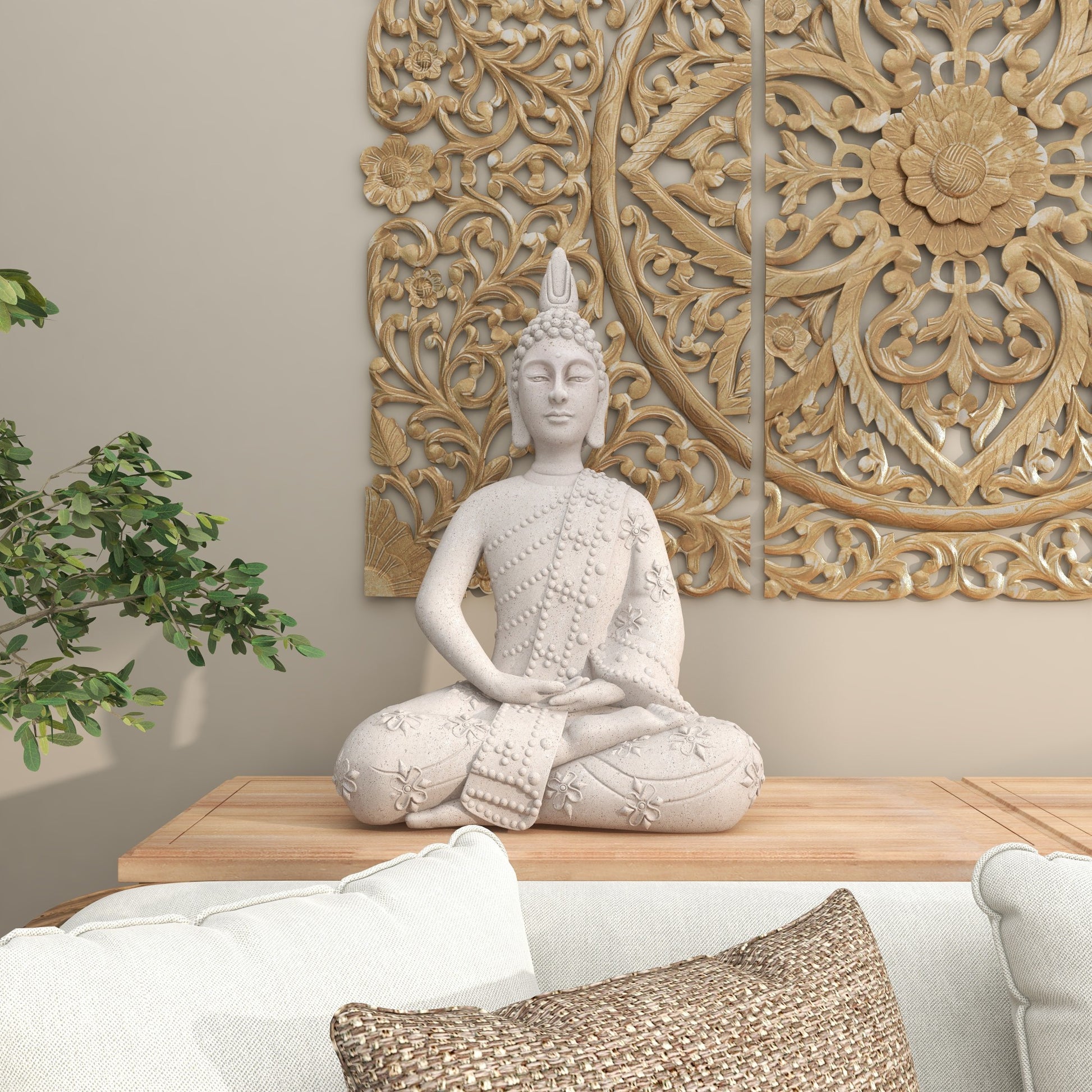 Buddha Gray Magnesium Oxide Indoor Outdoor Meditating Decorative Garden Sculpture with Floral Carvings