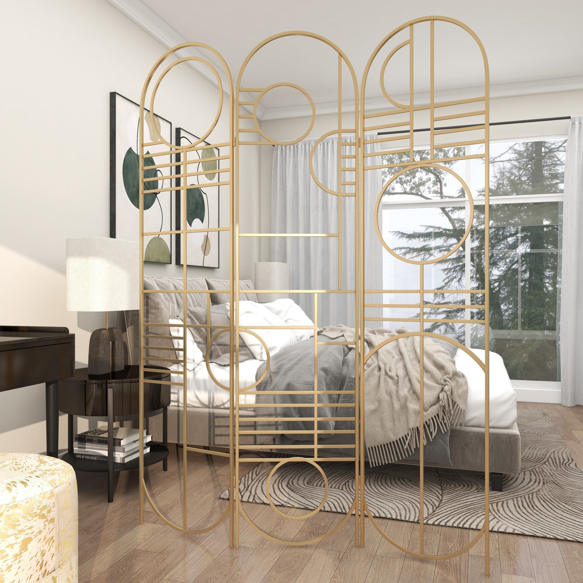 Geometric Gold Metal Hinged Foldable Arched Partition 3 Panel Partition Room Divider Screen