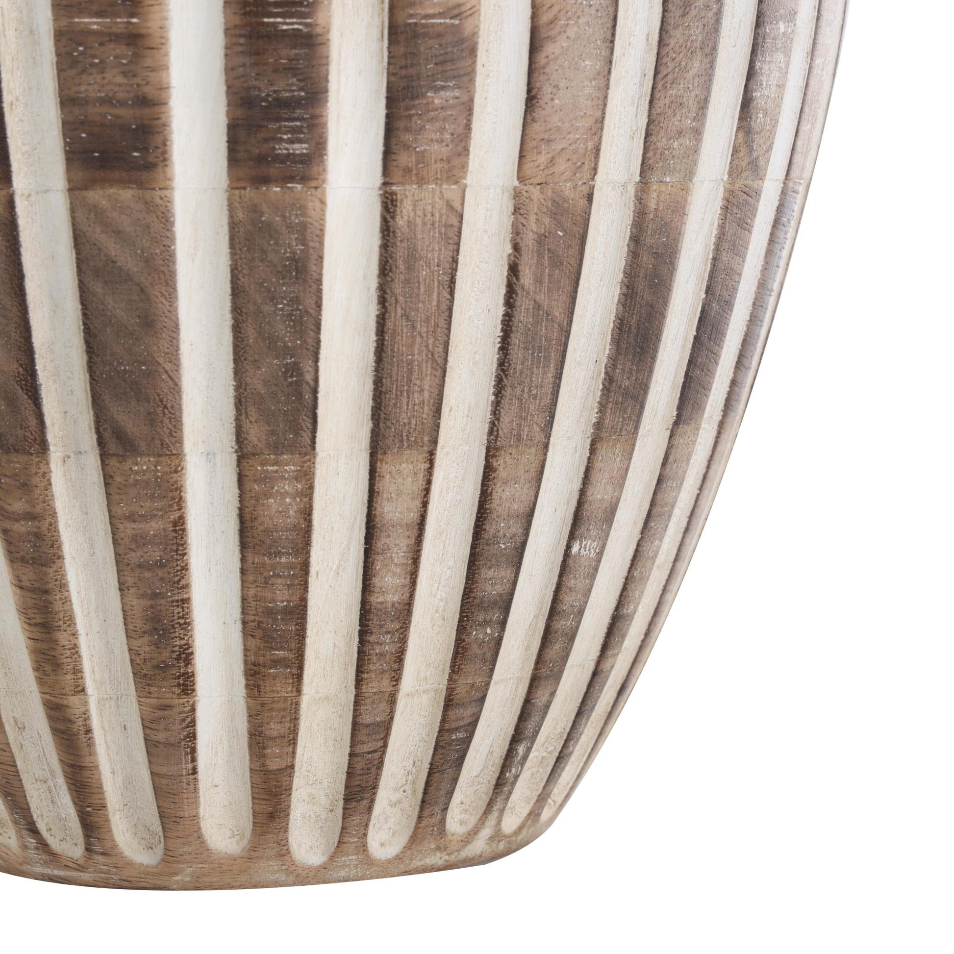Brown Mango Wood Distressed Decorative Vase with Carved Grooves