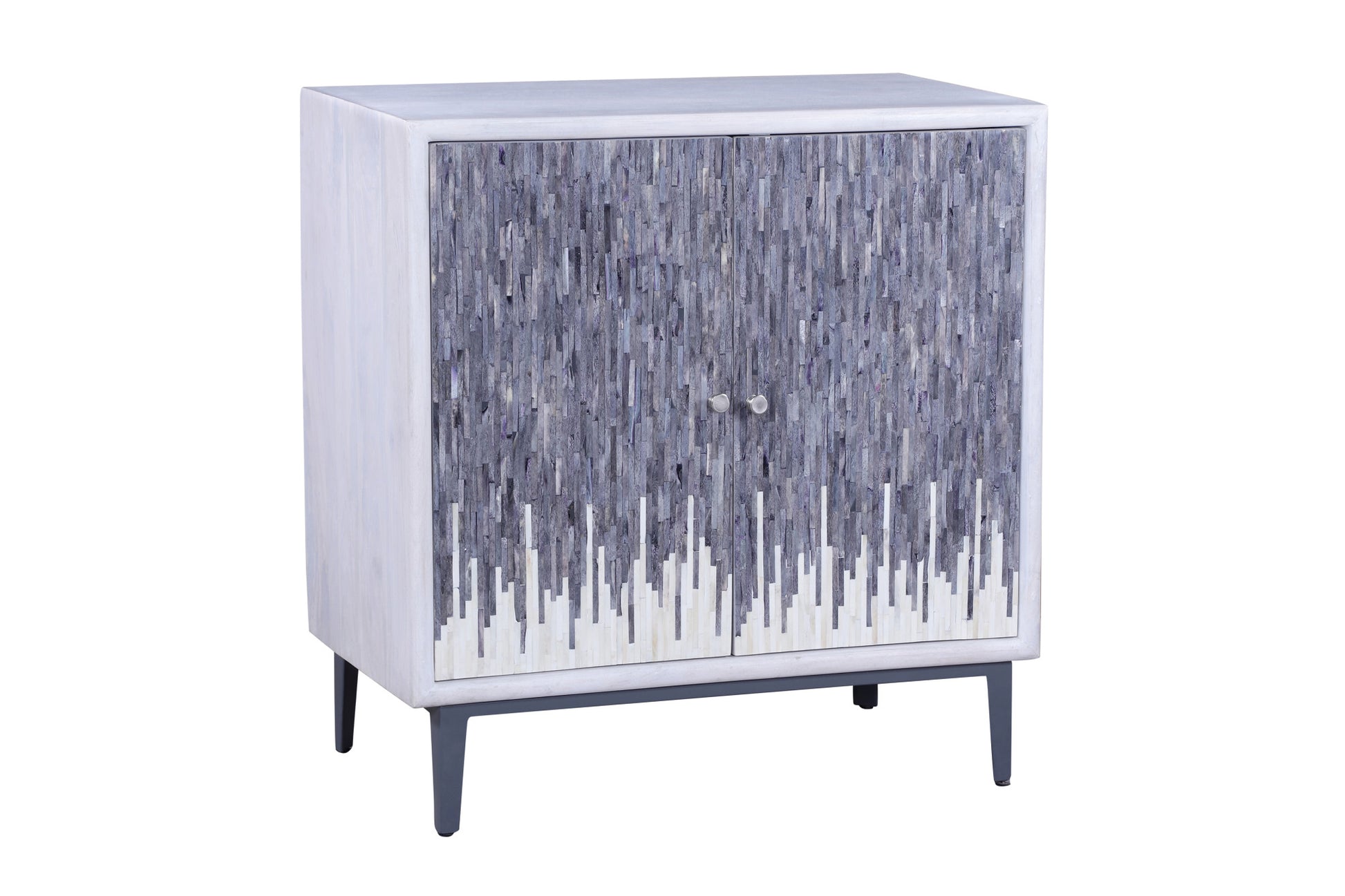 Abstract White Mango Wood Handmade Sandwashed 2 Door Room Cabinet with Sapphire Blue Drip Doors and Oxford Gray Base