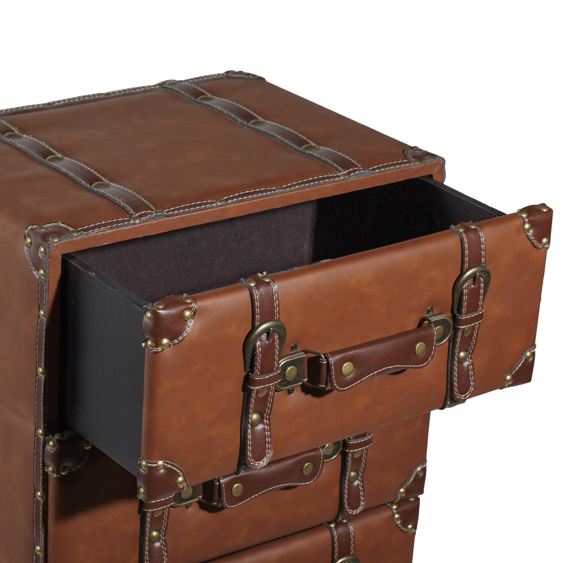 Brown Wooden Faux Leather 6 Drawer Room Chest with Buckle and Strap Detailing