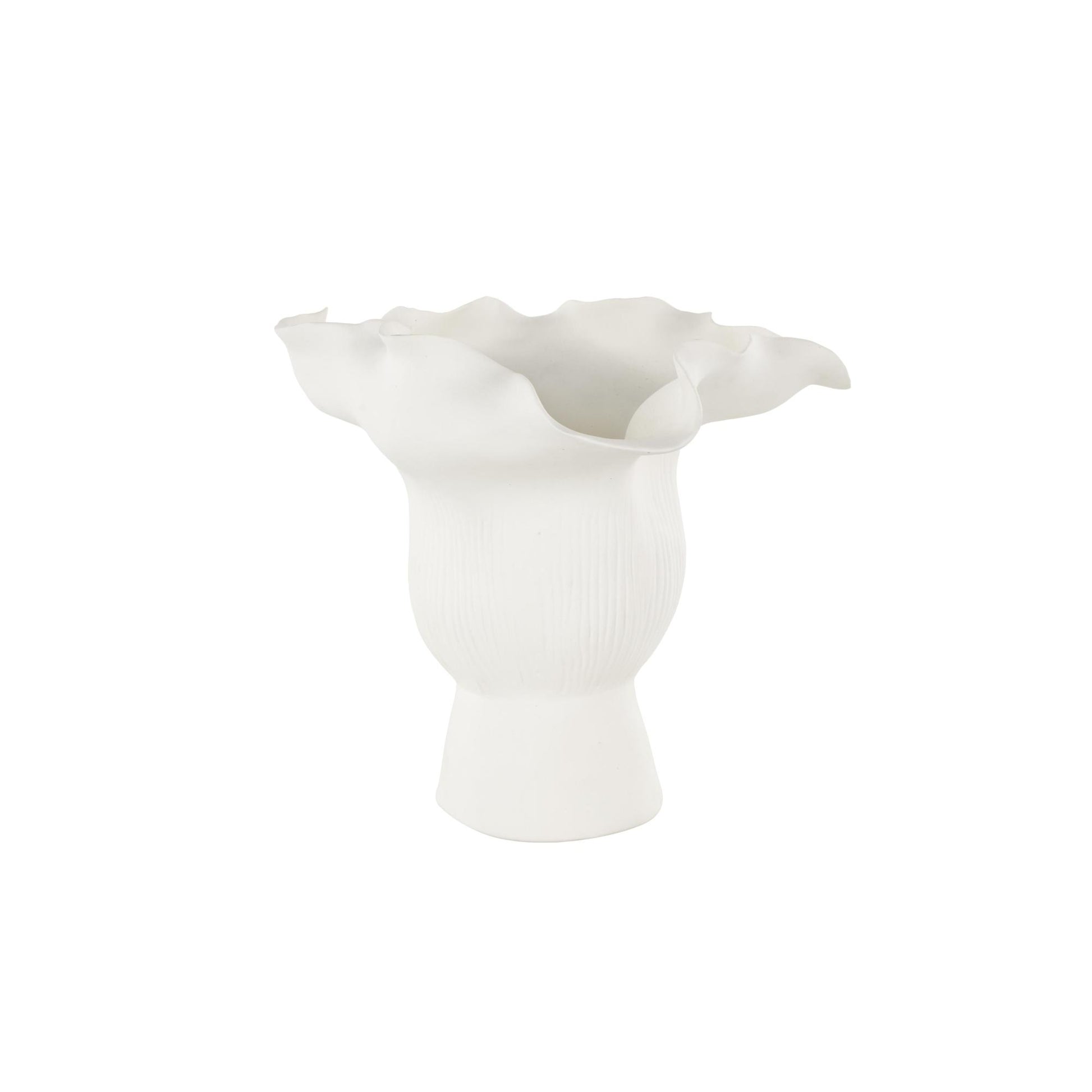 Abstract Ceramic Floral Inspired Decorative Vase with Wavy Folded Rim and Linear Grooves