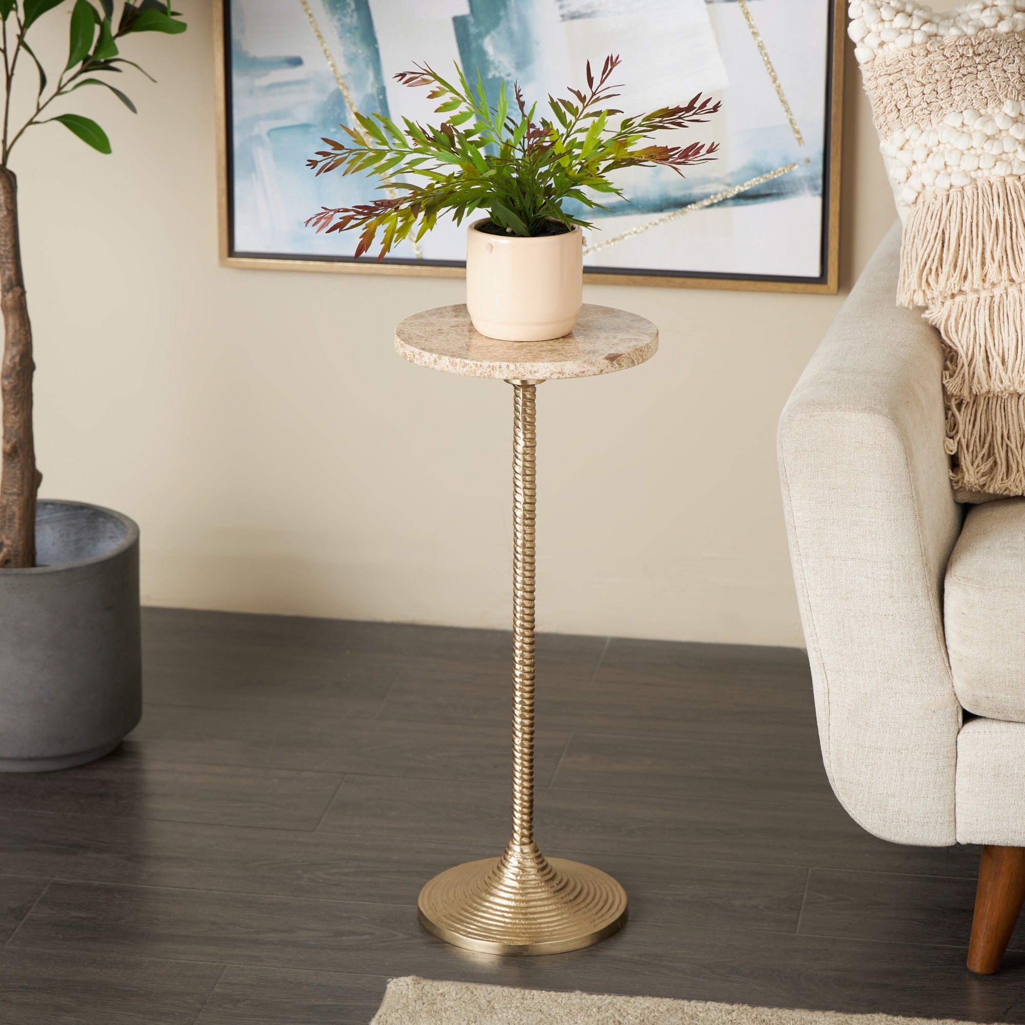 Gold Aluminum Metal Pedestal Side End Accent Table with Beige Marble Tabletop