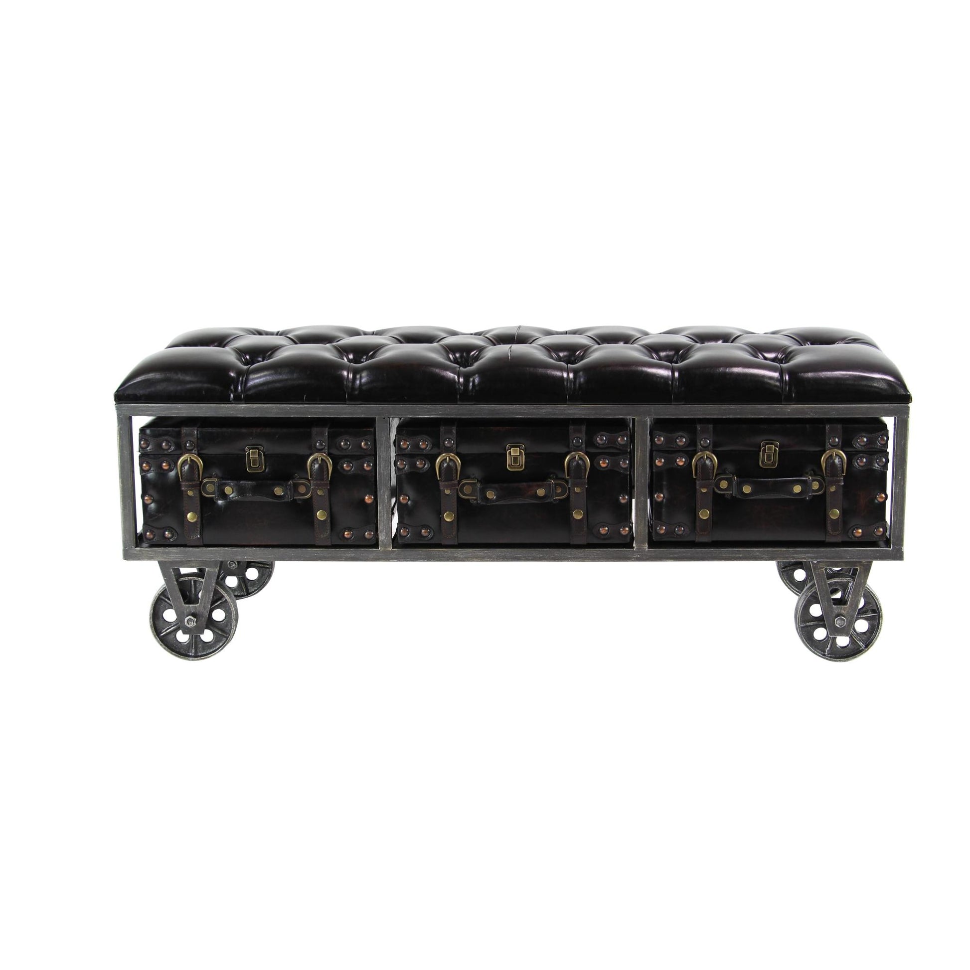 Black Faux Leather Tufted Upholstered 3 Trunk Room Storage Bench with Wheels