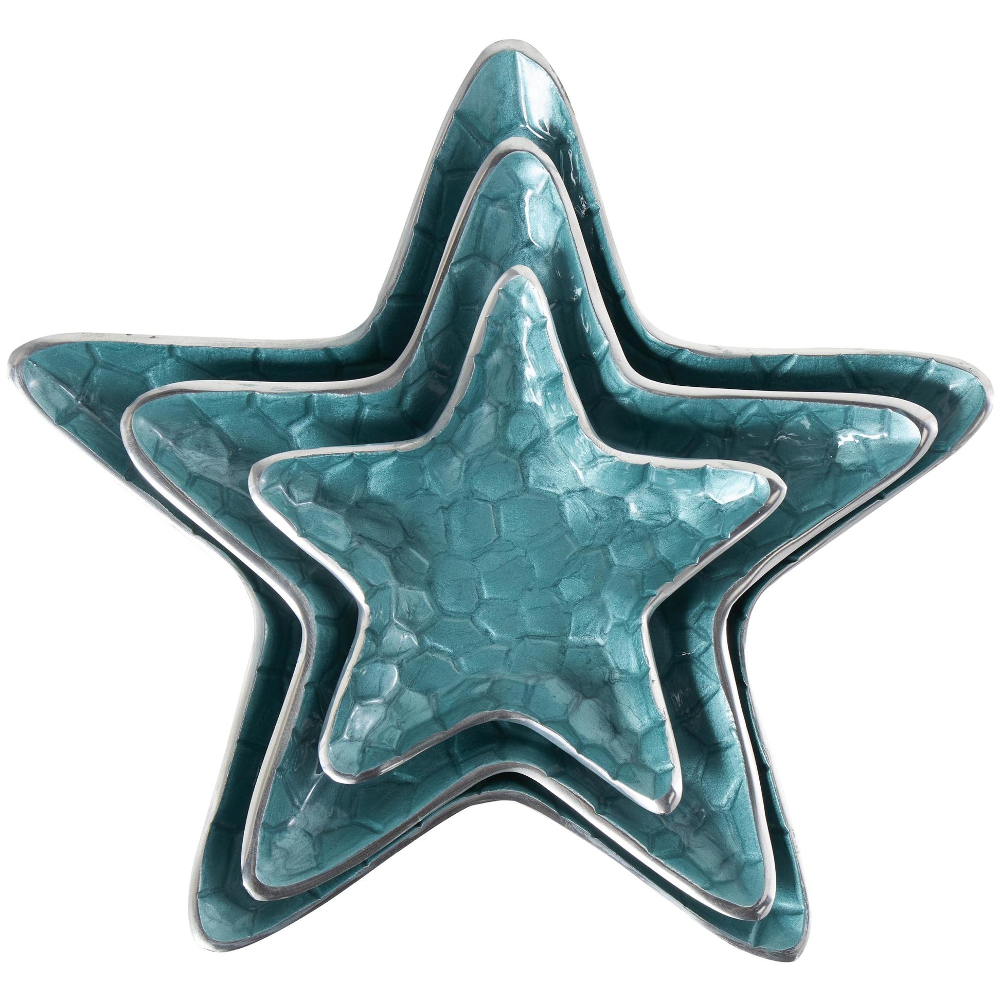 Set of 3 Starfish Aluminum Metal Handmade Textured Enameled Large Decorative Bowl with Silver Base