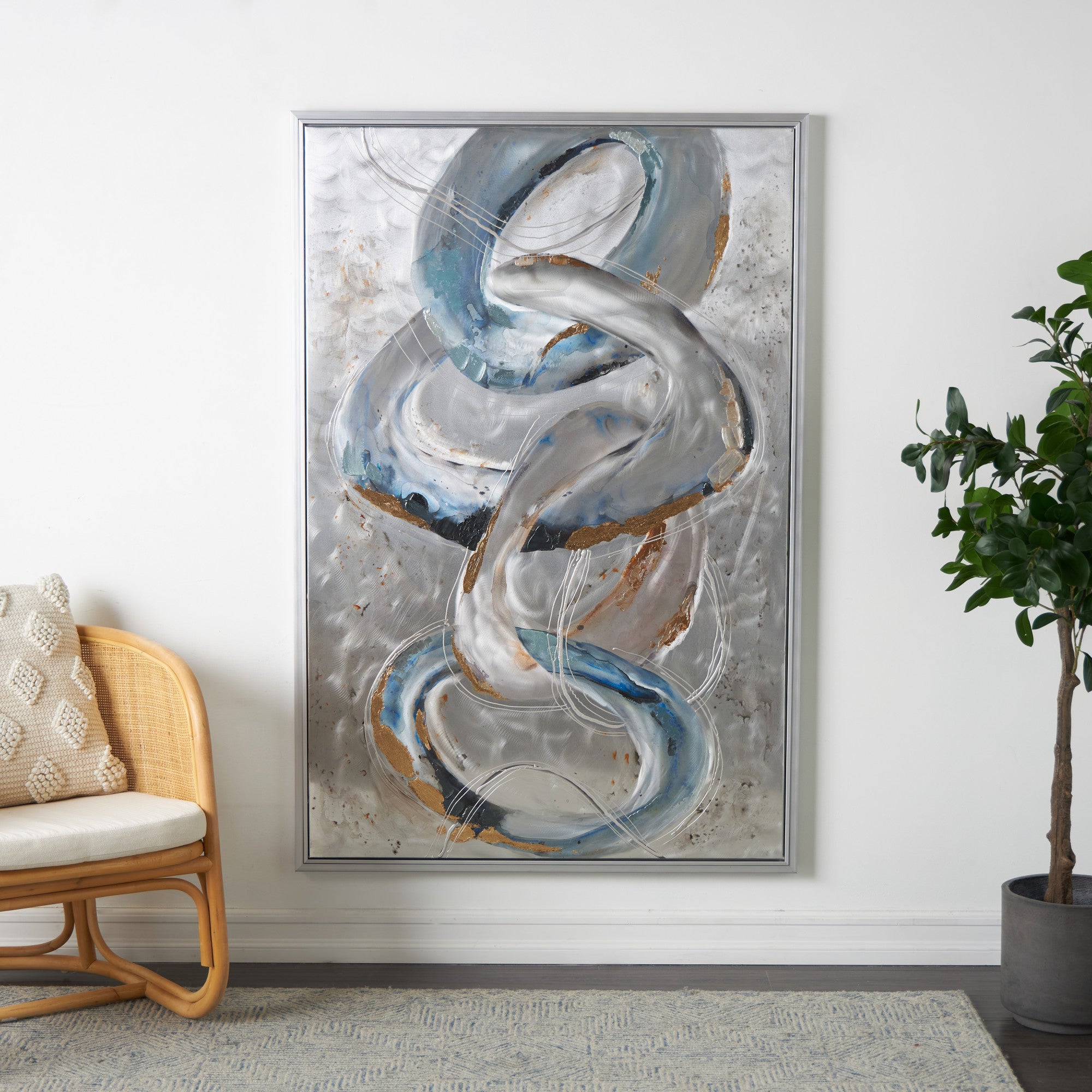 Abstract Gray Canvas Interlocked Rings Living Room Framed Wall Art with Gold and Blue Accents