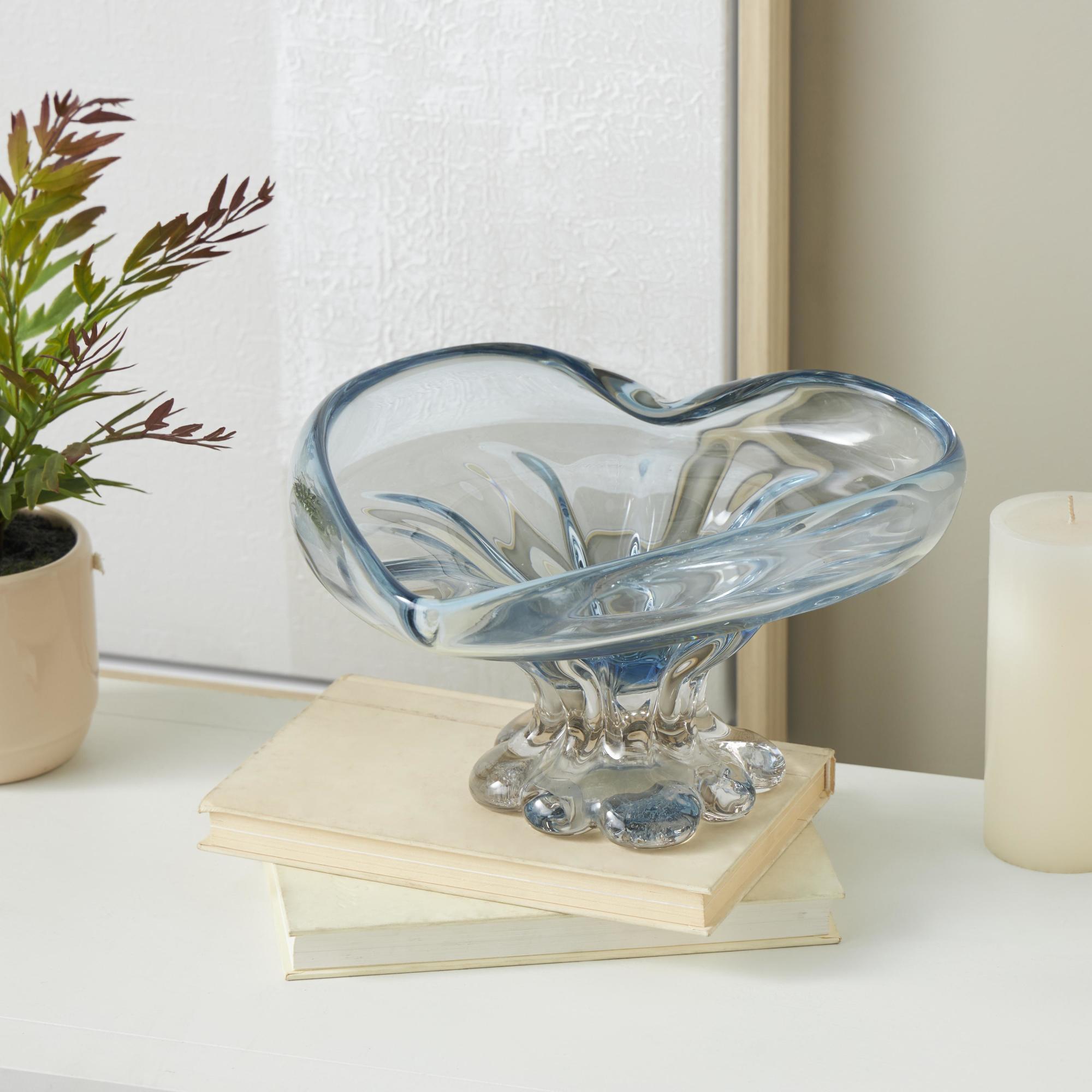 Heart Blue Glass Ombre Large Decorative Bowl with Folded Curve Opening and Scalloped Base