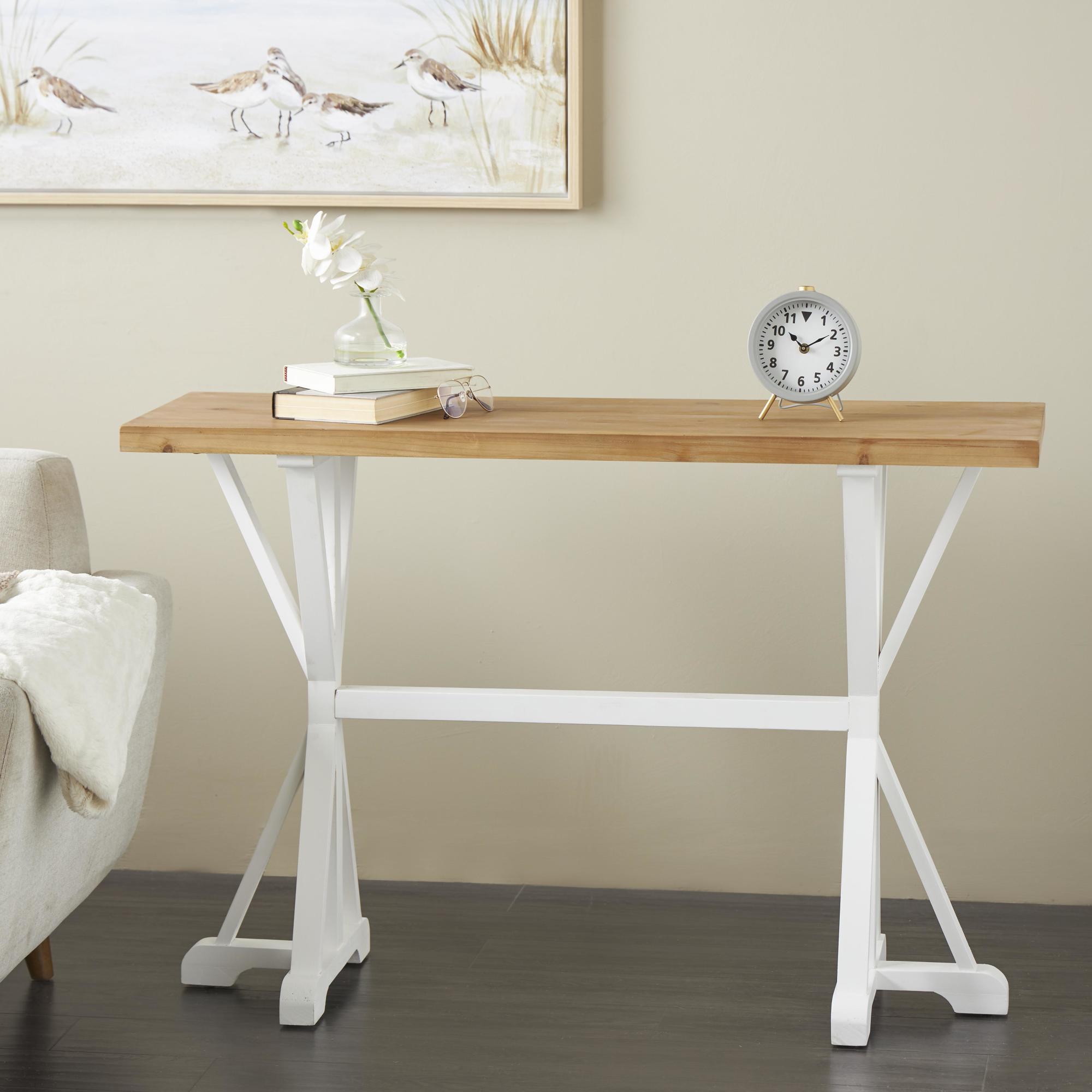 White Wood Rectangular Living Room Console Table with Angled Legs and Brown Tabletop