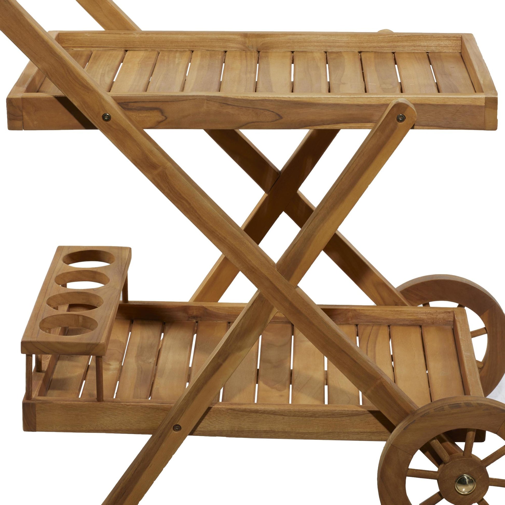 Brown Teak Wood Indoor Outdoor Rolling 2 Shelves Home Bar Cart with Wheels and Handle