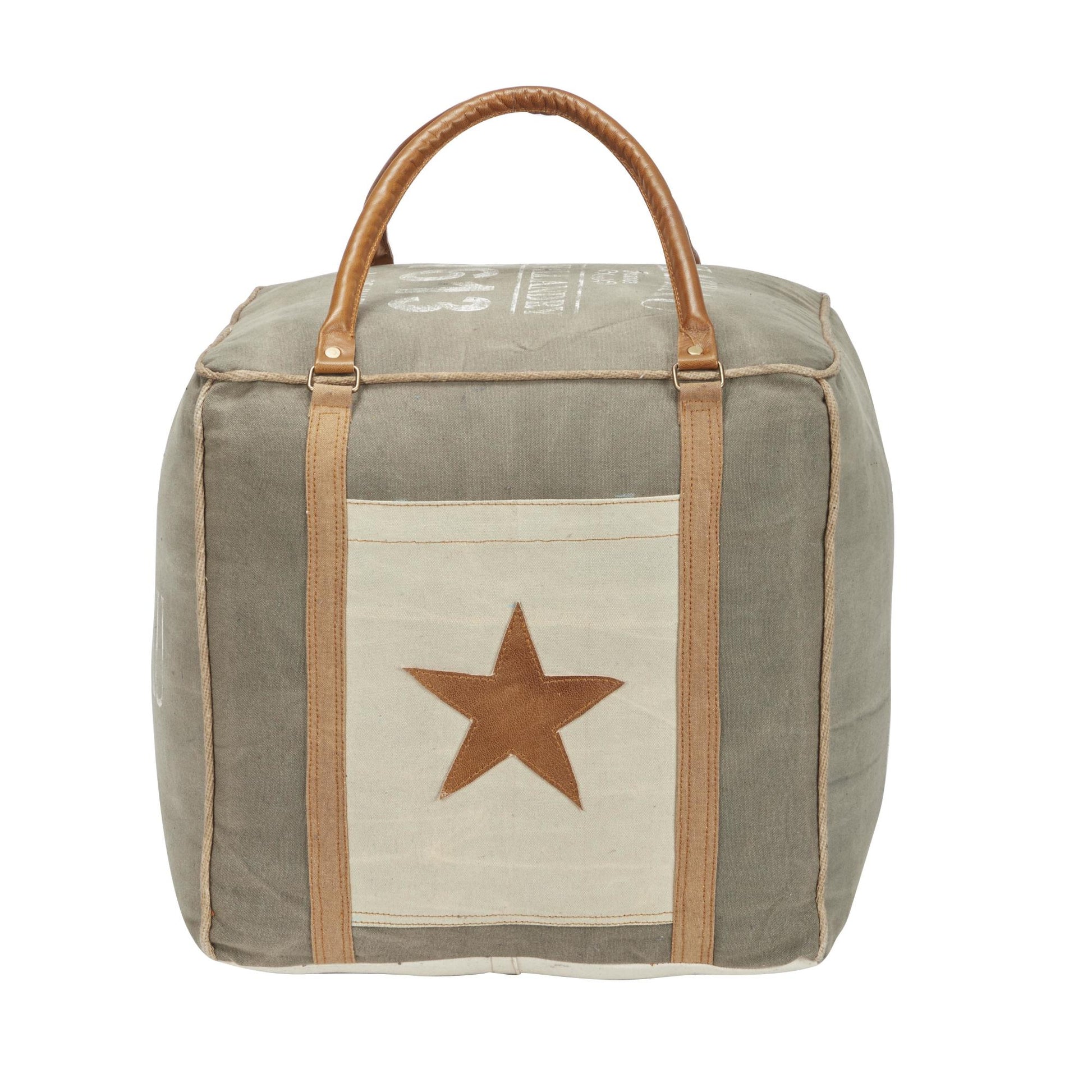 Scroll Canvas France Inspired Stuffed Pouf with Leather Star Pocket and Handles