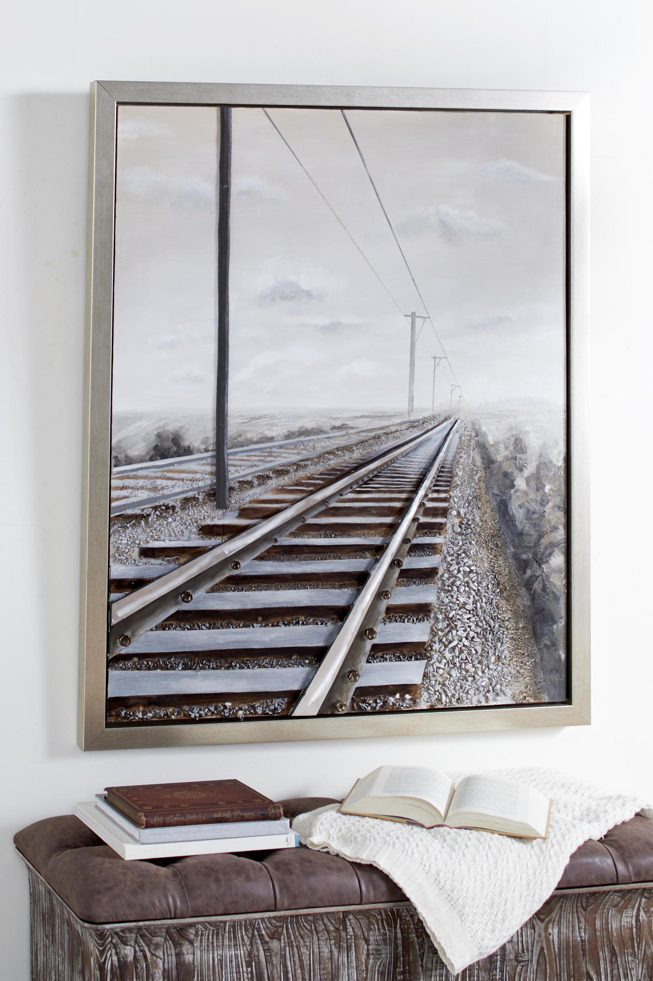 Landscape Gray Canvas Railroad Track Living Room Framed Wall Art with Silver Frame