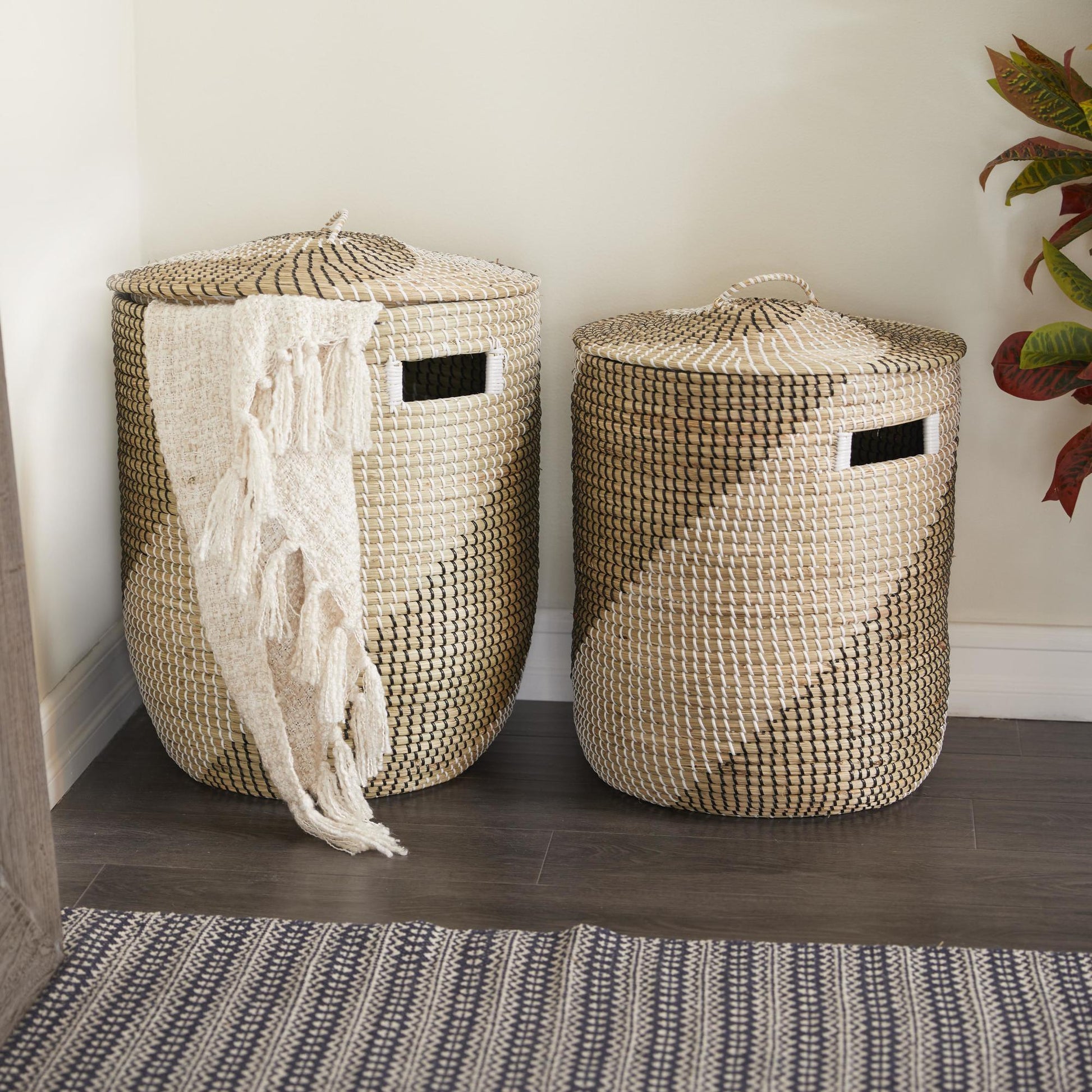 Set of 2 Brown Seagrass Handmade Two Toned Decorative and Functional Storage Basket with Matching Lids