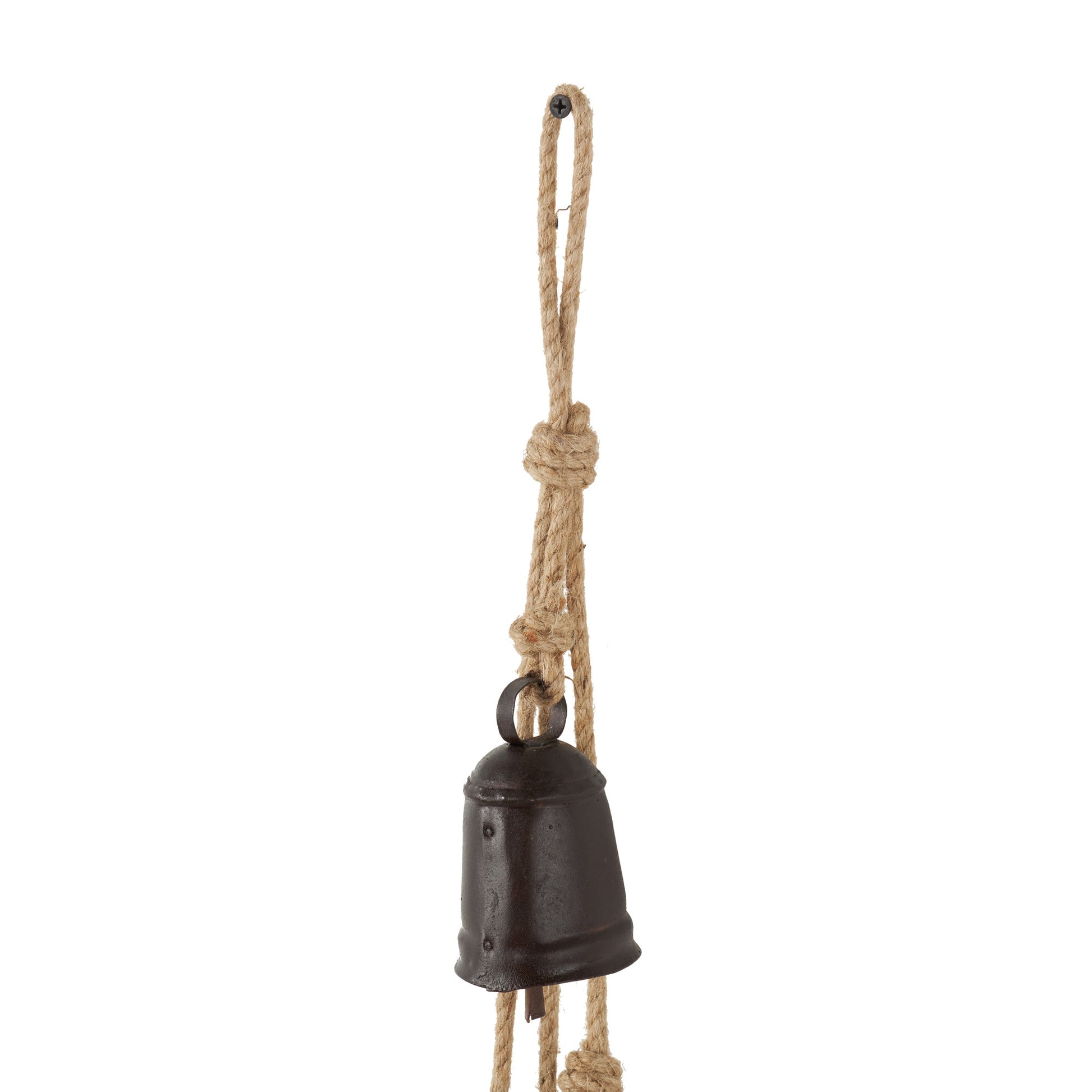 Metal Handmade Tibetan Inspired Indoor Outdoor Decorative Cow Bells with 4 Bells on Jute Hanging Rope