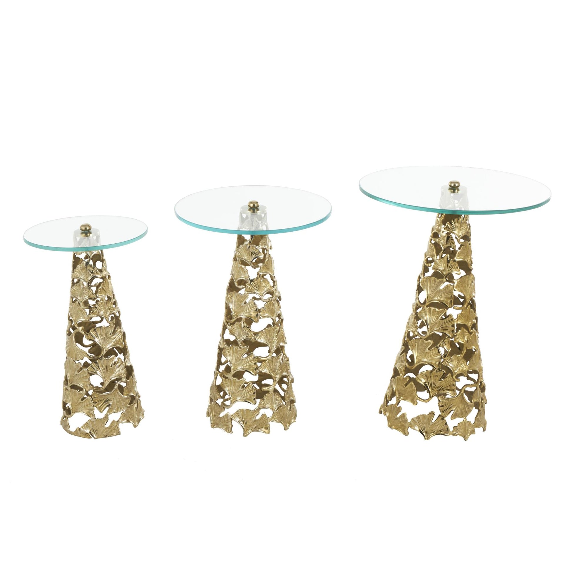 Set of 3 Floral Aluminum Metal Cutout Cone Shaped Side End Accent Table with Tempered Glass Tabletop