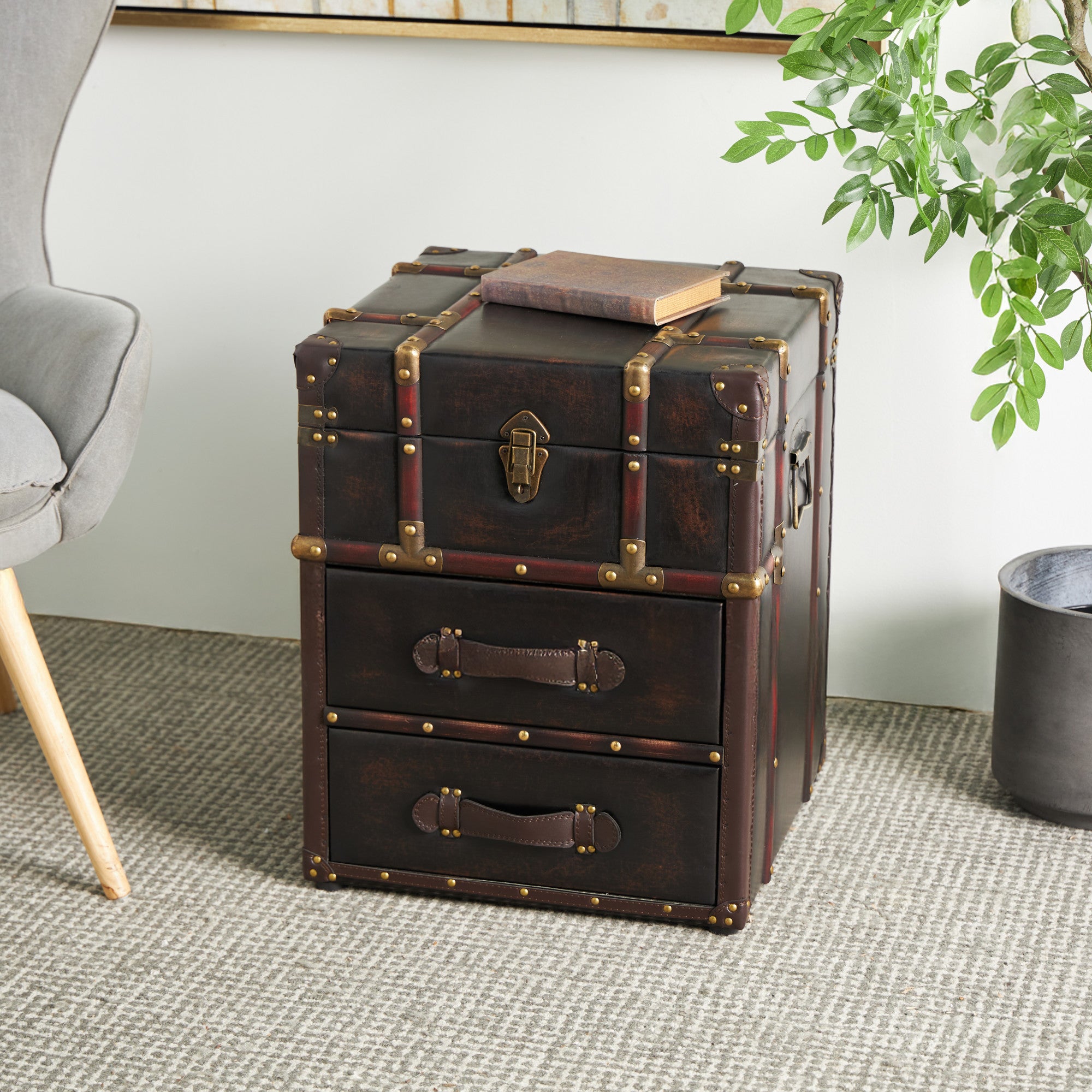 Faux Leather Vintage Faux Leather 2 Drawer Side End Cabinet with Storage Top and Leather Accents 18" x 18" x 23"