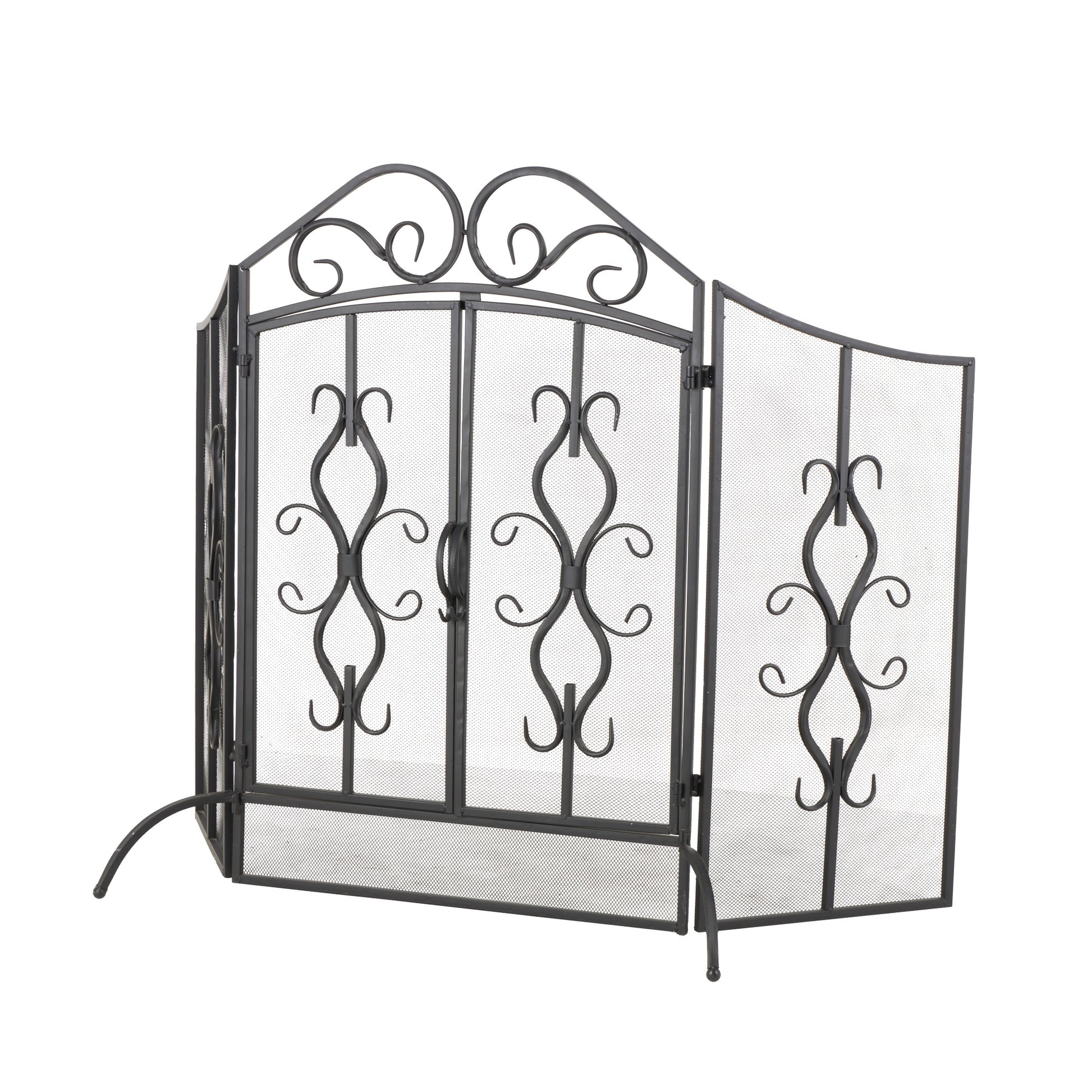 Scroll Gray Metal Foldable Mesh Netting 3 Panel Living Room Fireplace Screen