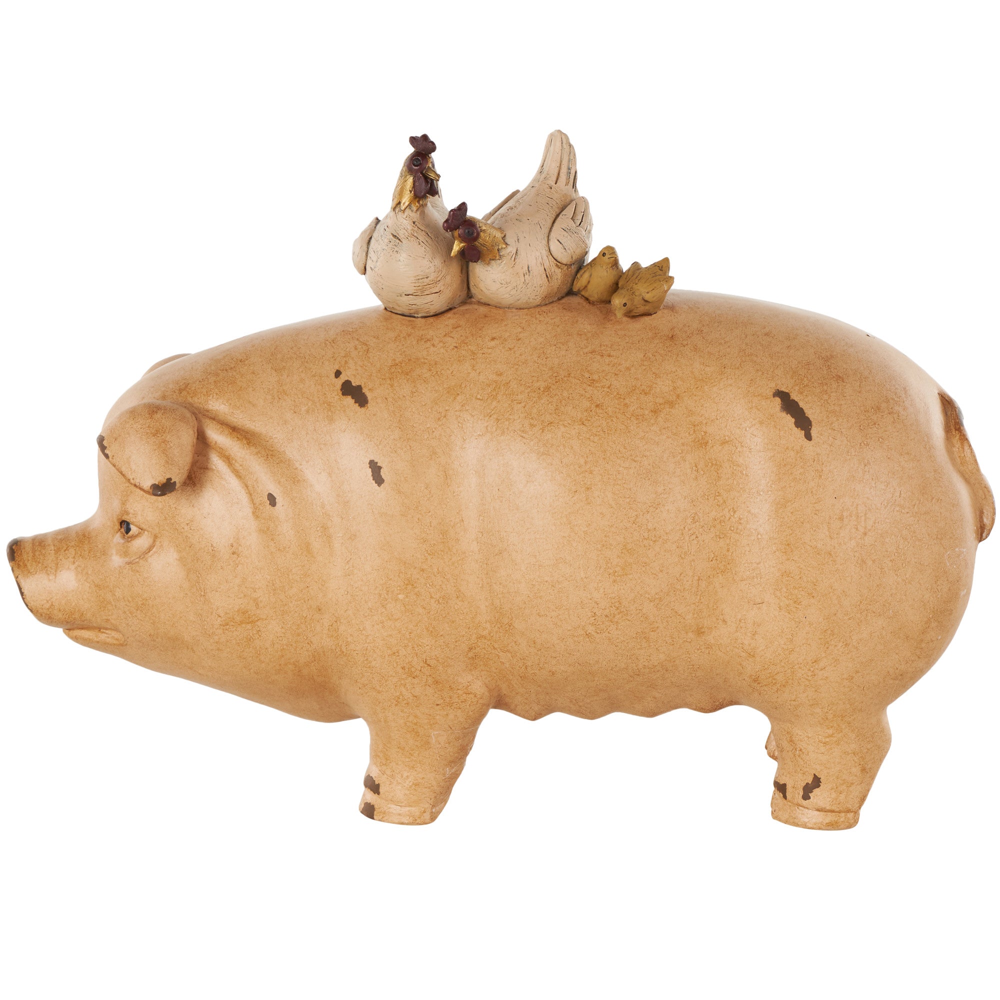 Pig Light Brown Resin Decorative Sculpture with Roosters and Chicks