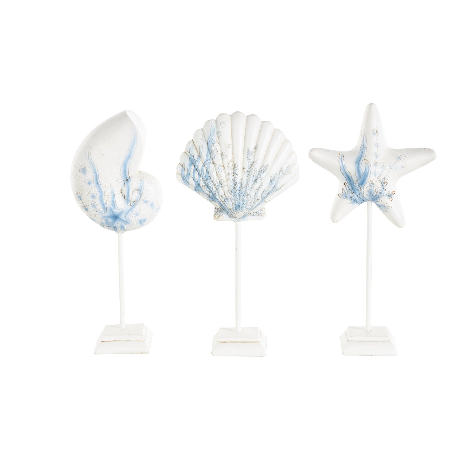 Set of 3 Sea Life White Polystone Shell and Starfish Decorative Sculpture with Blue Coral Patterns