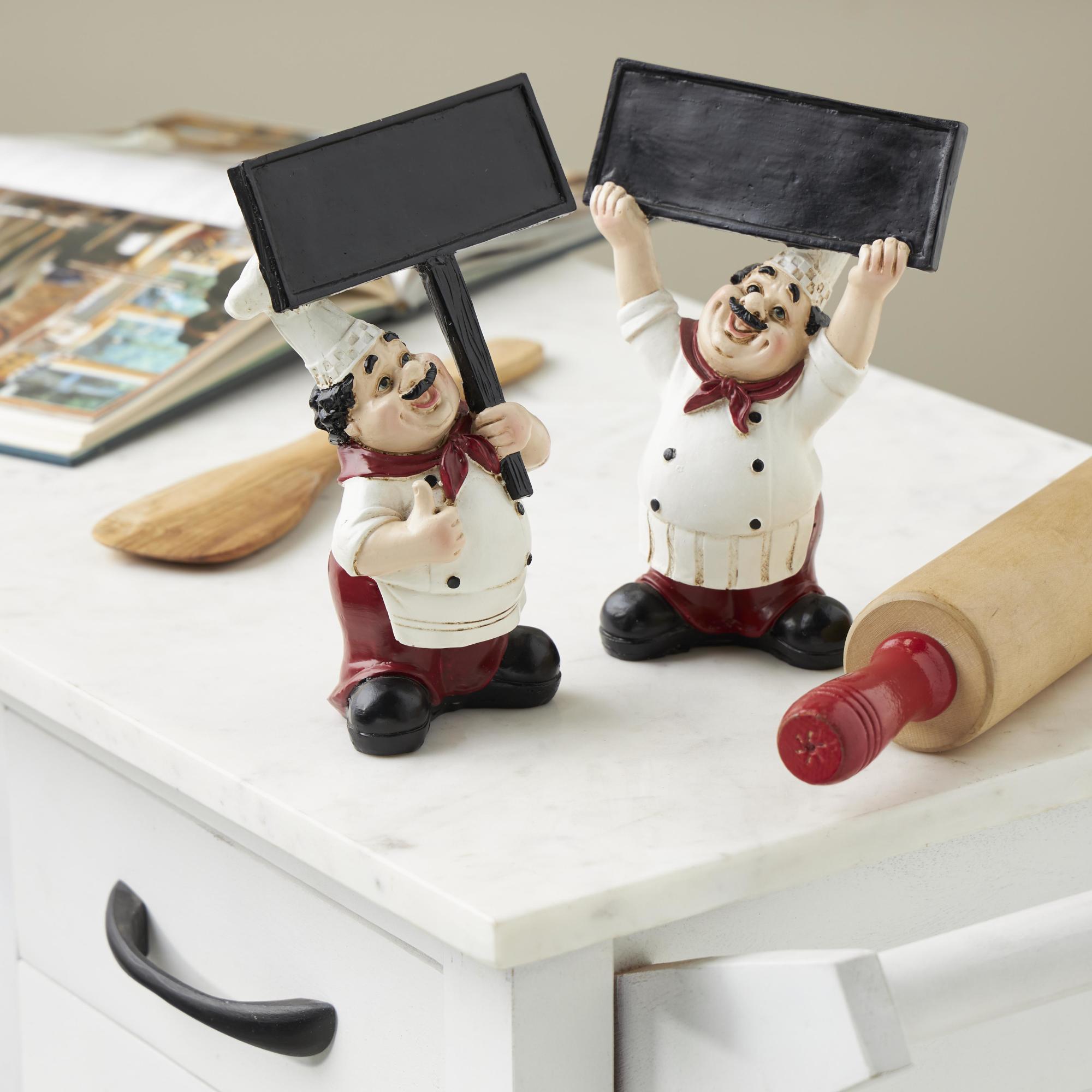 Set of 2 Chef White Polystone Kitchen Decorative Figurine Decorative Sculpture with Chalkboard Signs