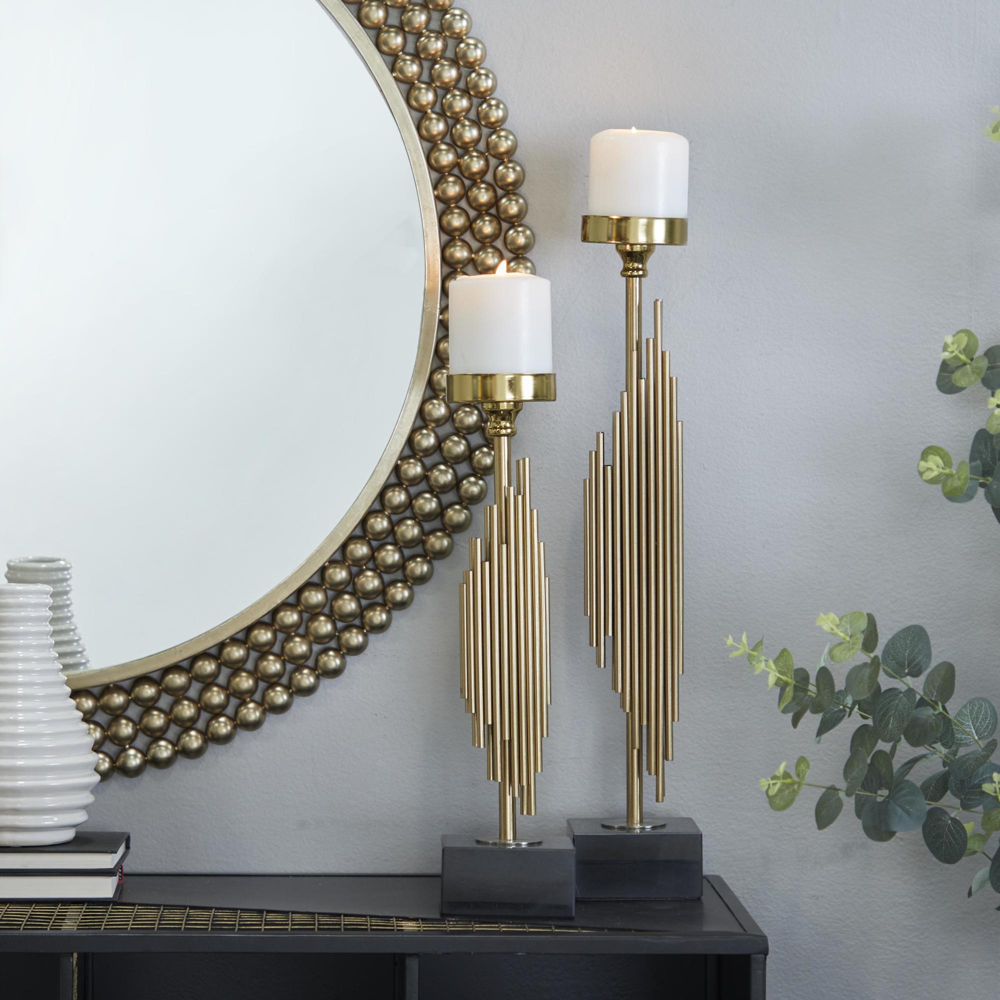 Set of 2 Abstract Gold Stainless Steel Metal Vertical Pipe Decorative Candle Holder with Black Marble Base