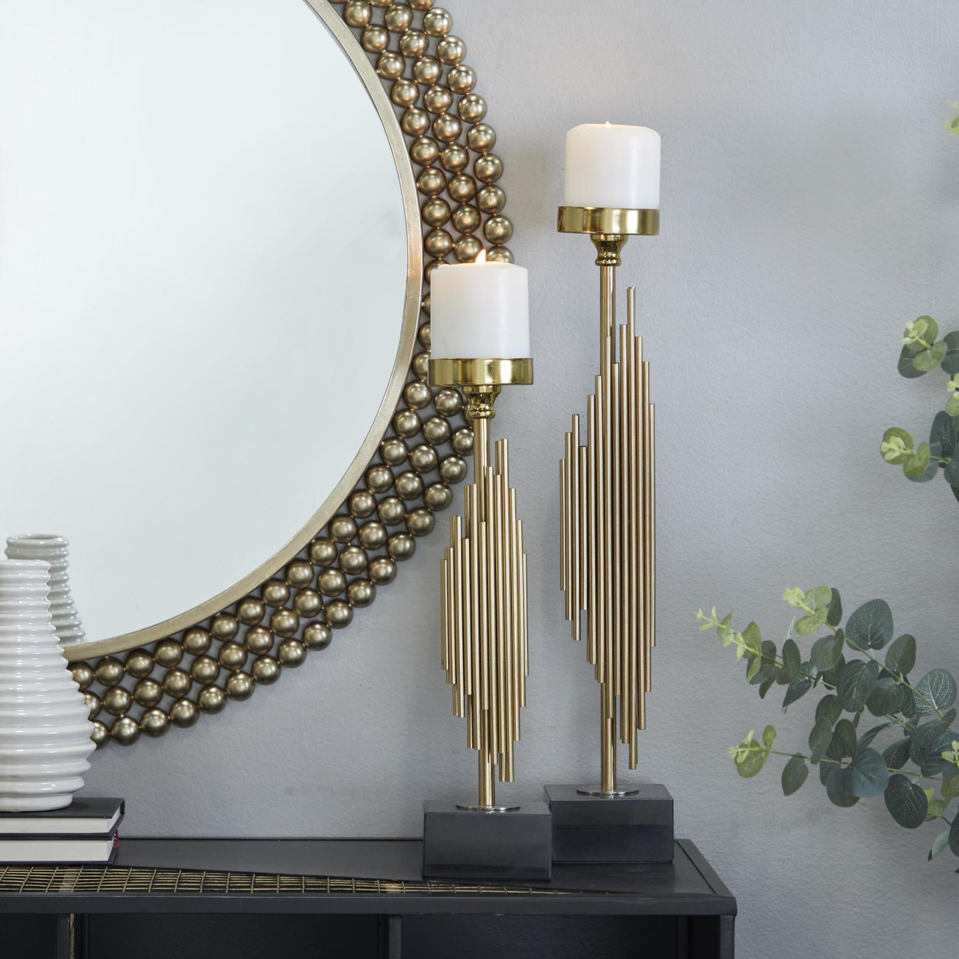 Set of 2 Abstract Gold Stainless Steel Metal Vertical Pipe Decorative Candle Holder with Black Marble Base