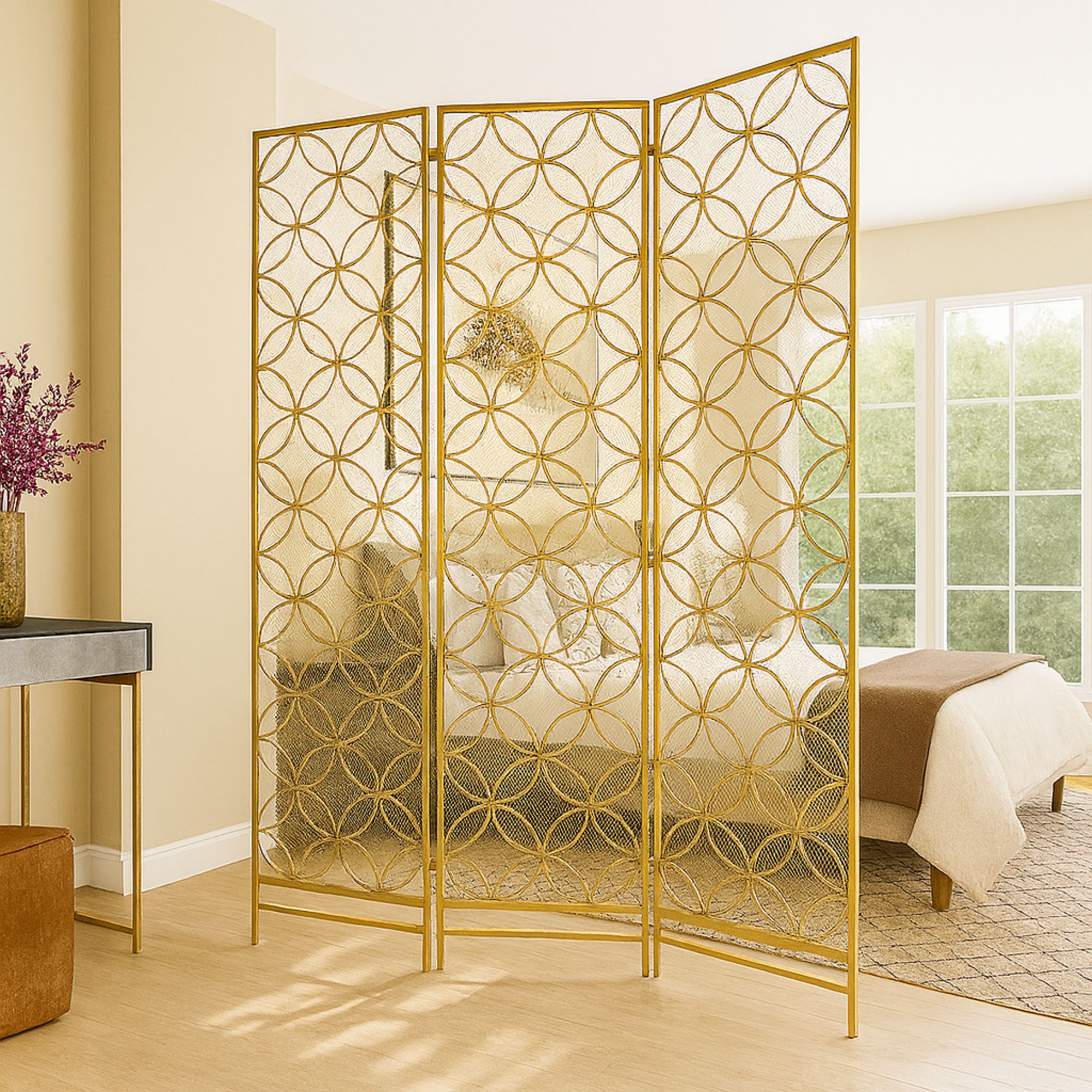 Geometric Brass Metal Hinged Foldable Partition 3 Panel Partition Room Divider Screen
