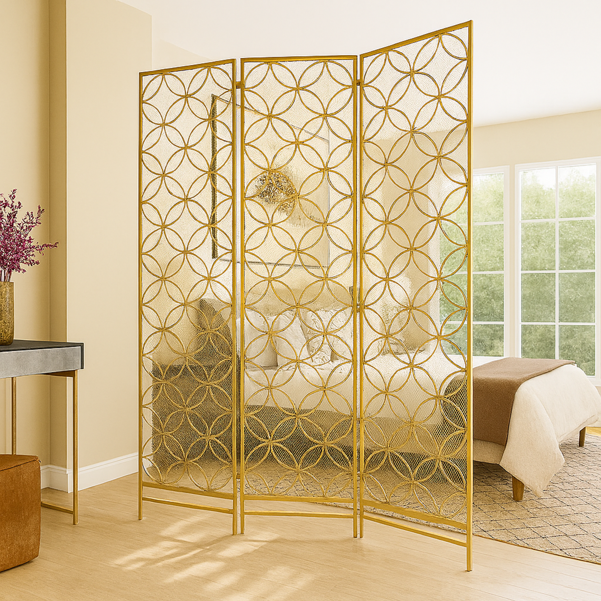 Geometric Brass Metal Hinged Foldable Partition 3 Panel Partition Room Divider Screen