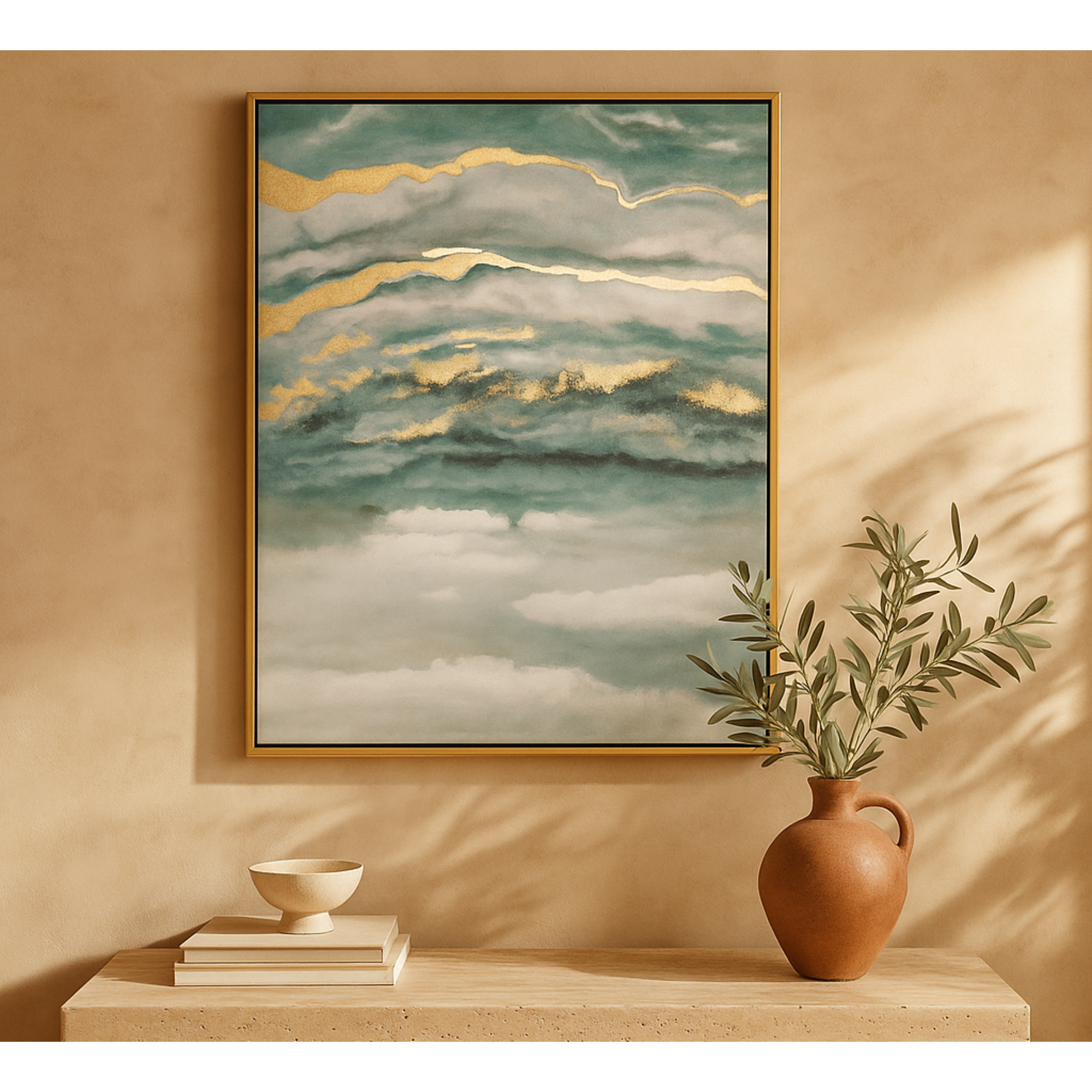 Geode Teal Canvas Enlarge Slice Living Room Framed Wall Art with Gold Frame