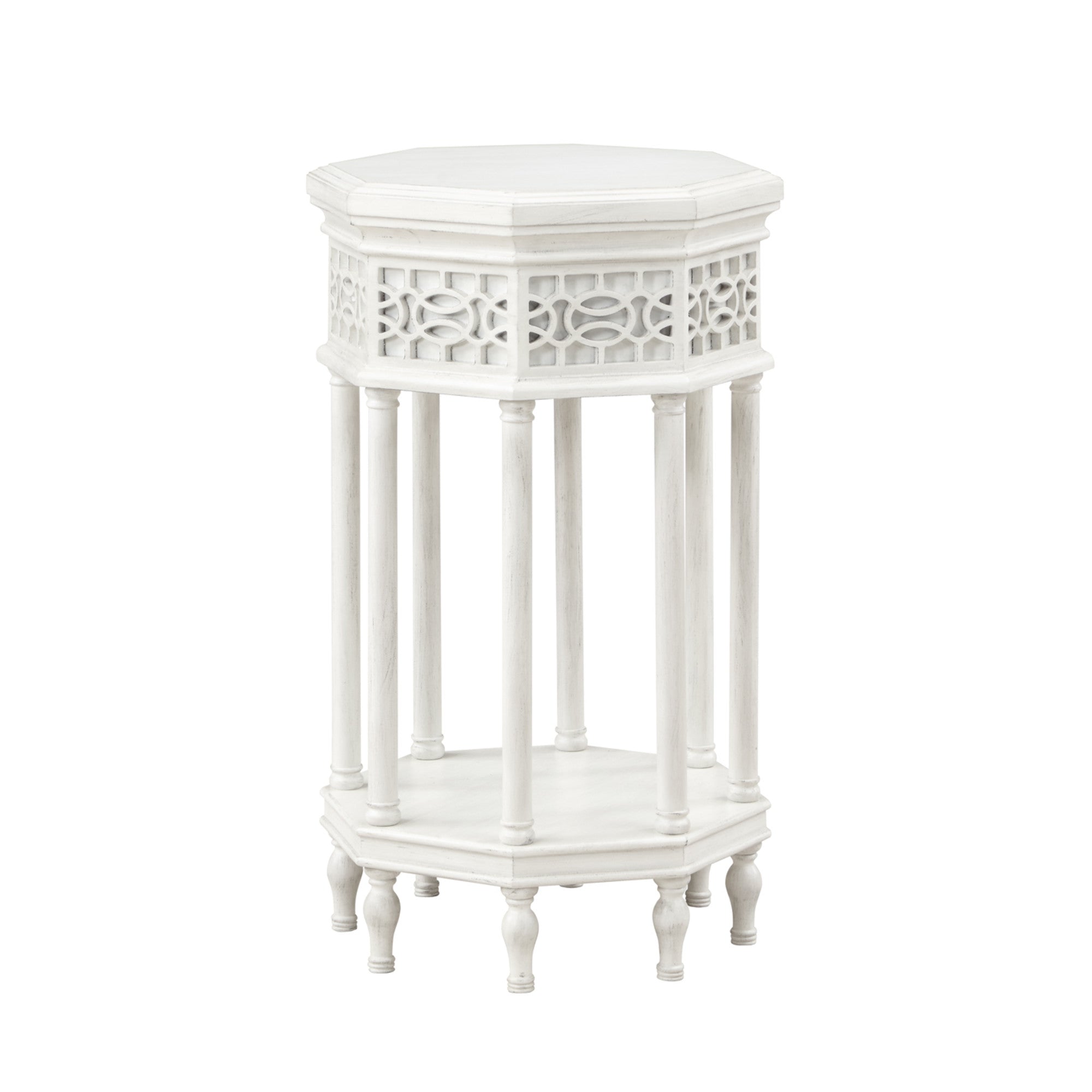 Geometric White Wooden Octagon Side End Accent Table with Elegant Carved Pattern and 8 Turned Pillar Legs