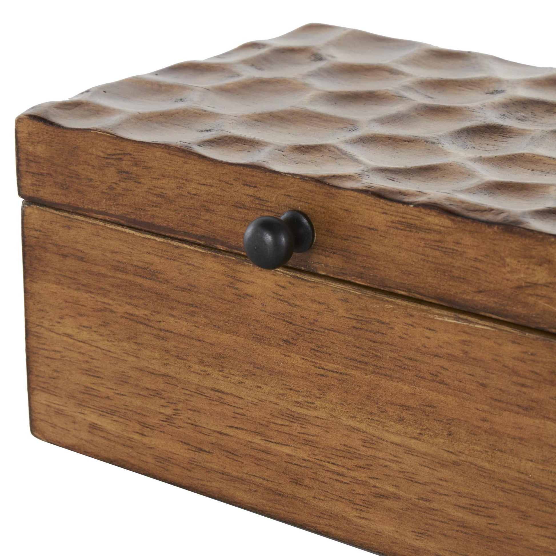 Set of 2 Geometric Brown Wood Textured Concave Honeycomb Storage Decorative Box with Black Knobs
