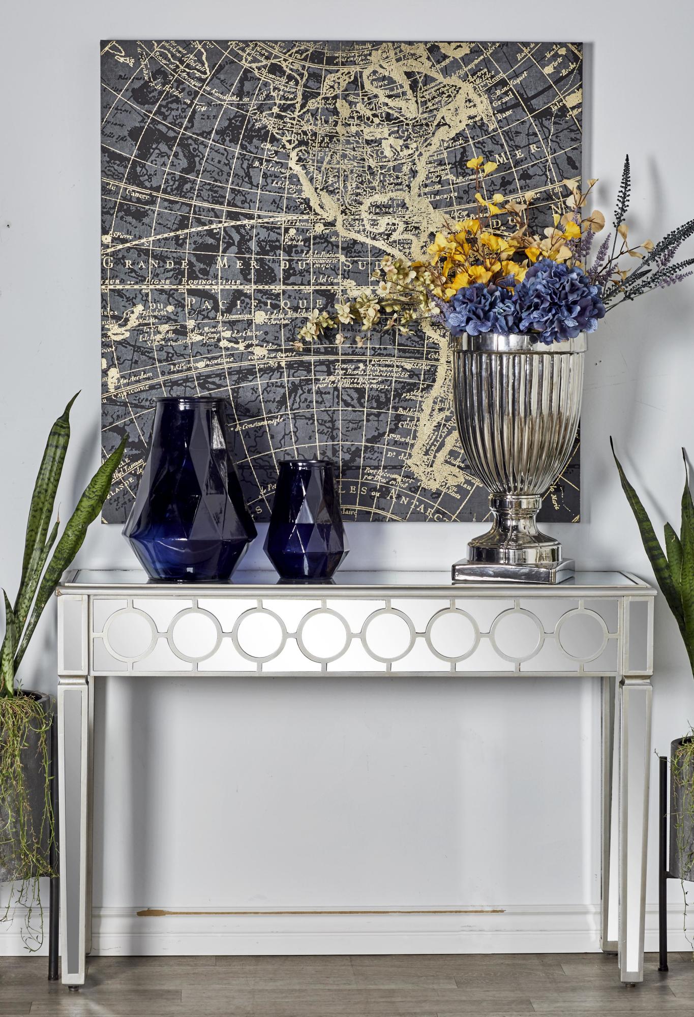 Geometric Silver Glass Mirrored Living Room Console Table with Circular Panel Inlay