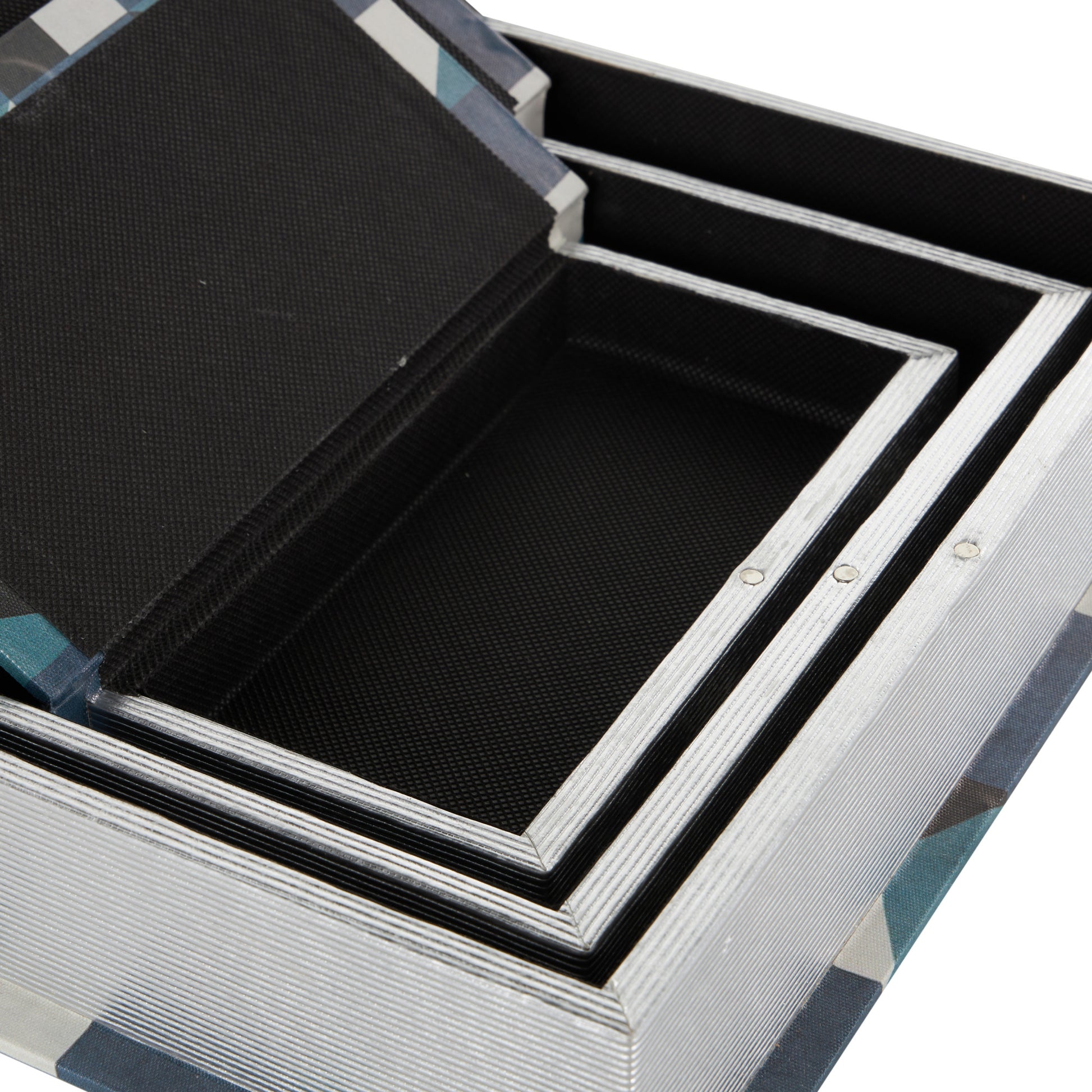 Set of 3 Geometric Blue Faux Leather Faux Book Storage Decorative Box with Black and White Accents