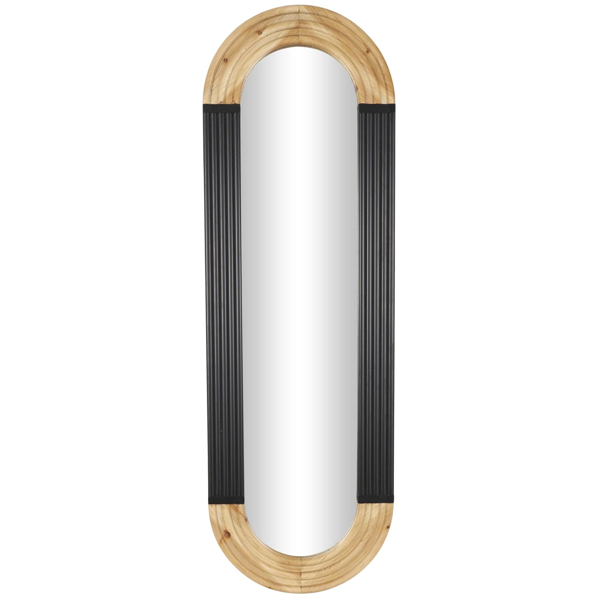 Wooden Ribbed Oval Room Wall Mirror with Brown Accents
