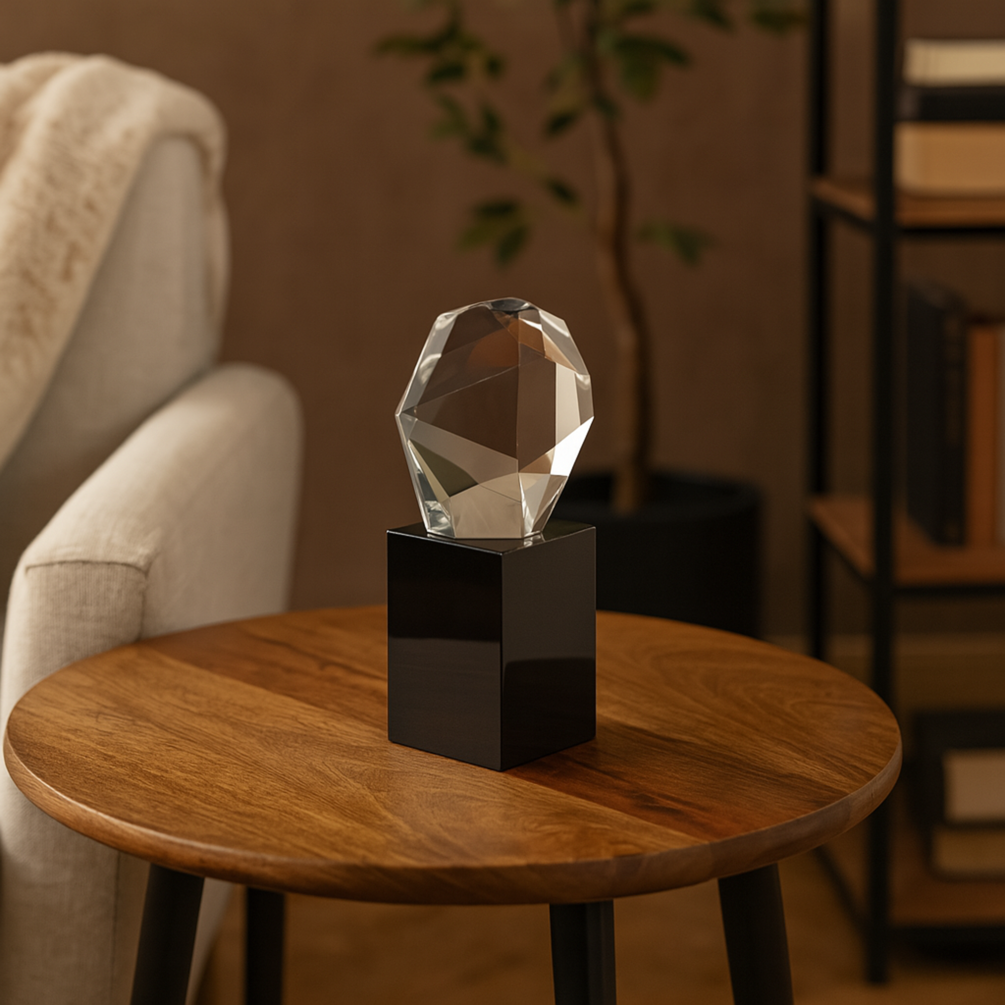 Geometric Clear Glass Cut Stone Inspired Decorative Sculpture with Black Base
