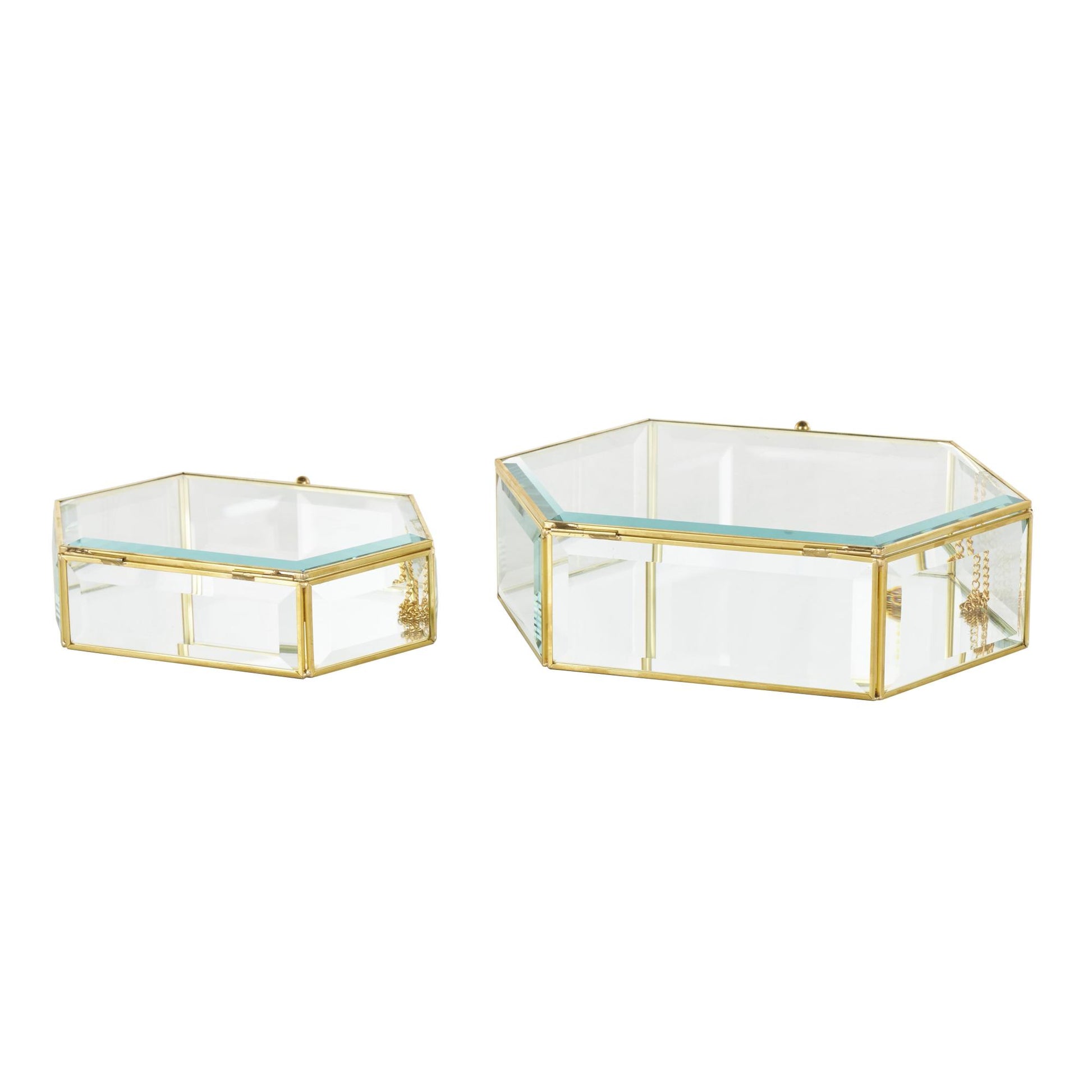 Set of 2 Geometric Clear Glass Beveled Hexagon Decorative Jewelry Box with Gold Metal Frame and Chain Accent