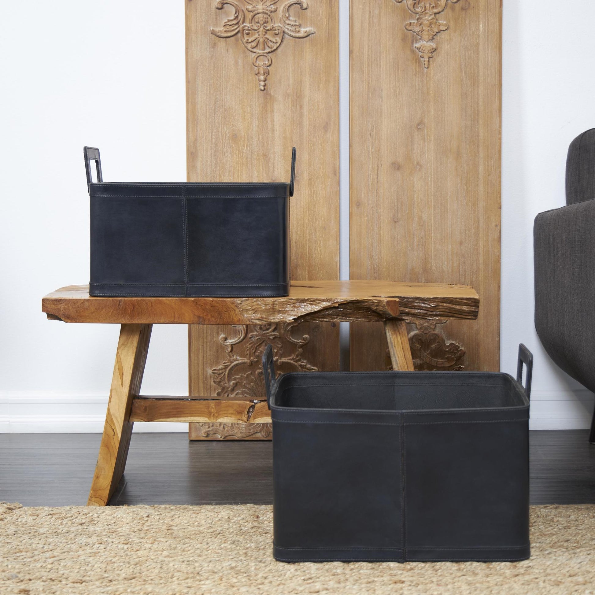 Set of 2 Leather Handmade Decorative and Functional Storage Basket with Handles