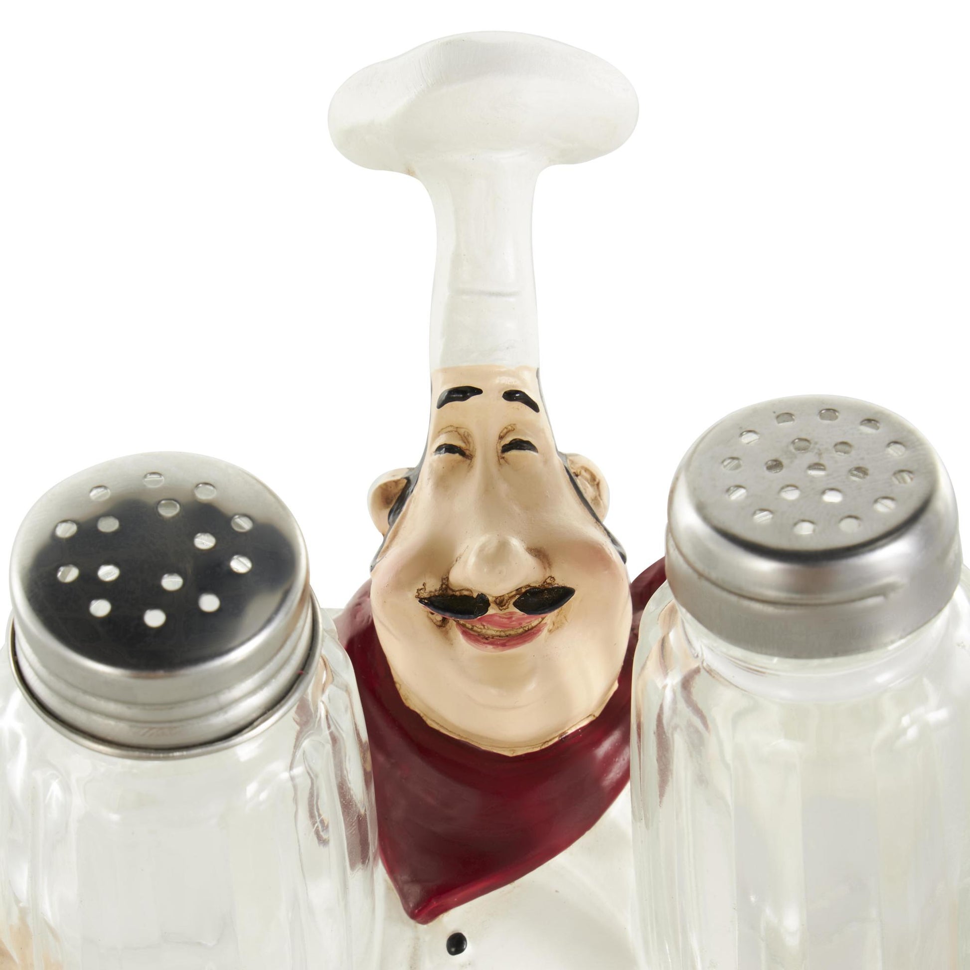 Chef White Polystone Figurine Decorative Salt and Pepper Shaker Holder with Red Accents