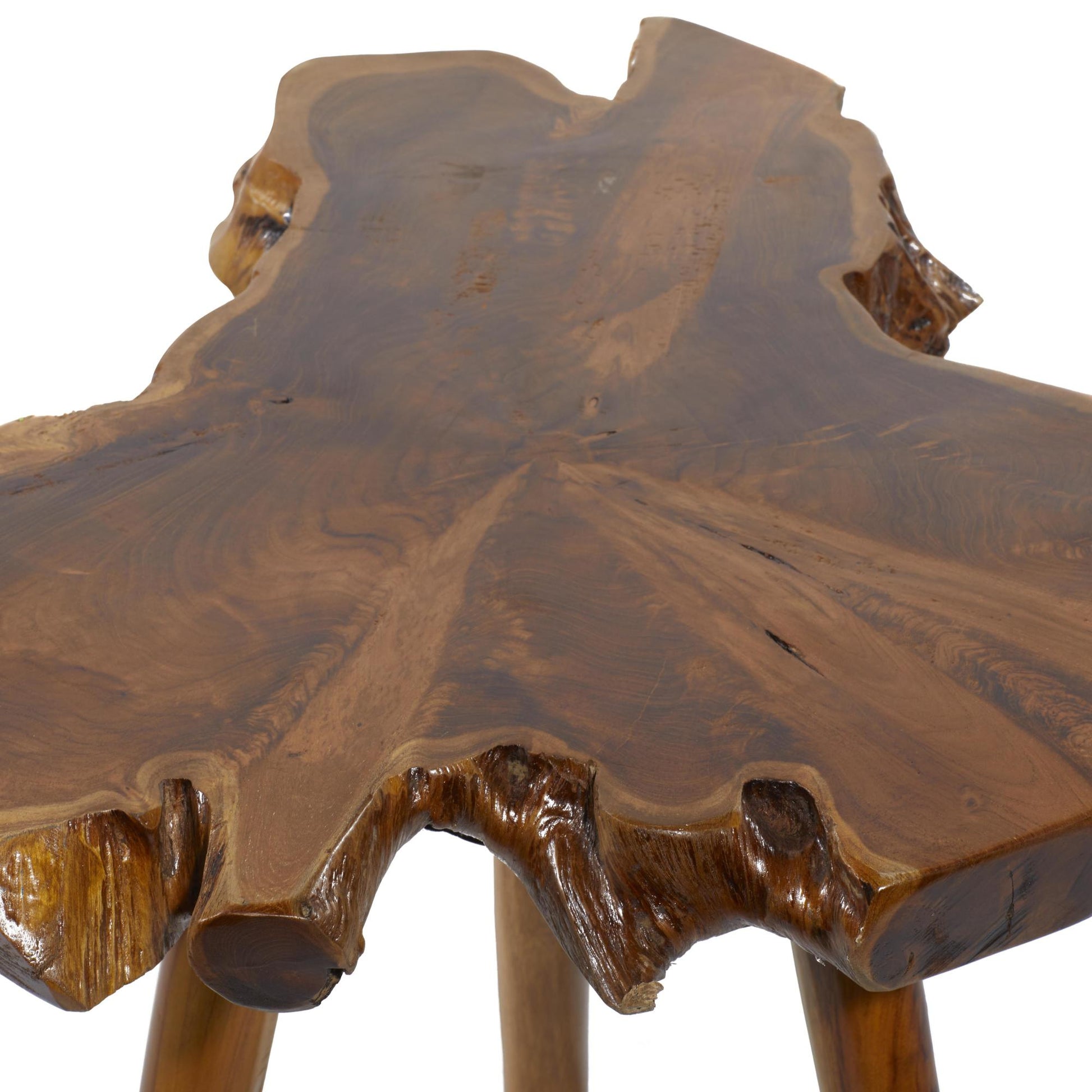 Brown Teak Wood Handmade Live Edge Side End Accent Table with Tripod Legs
