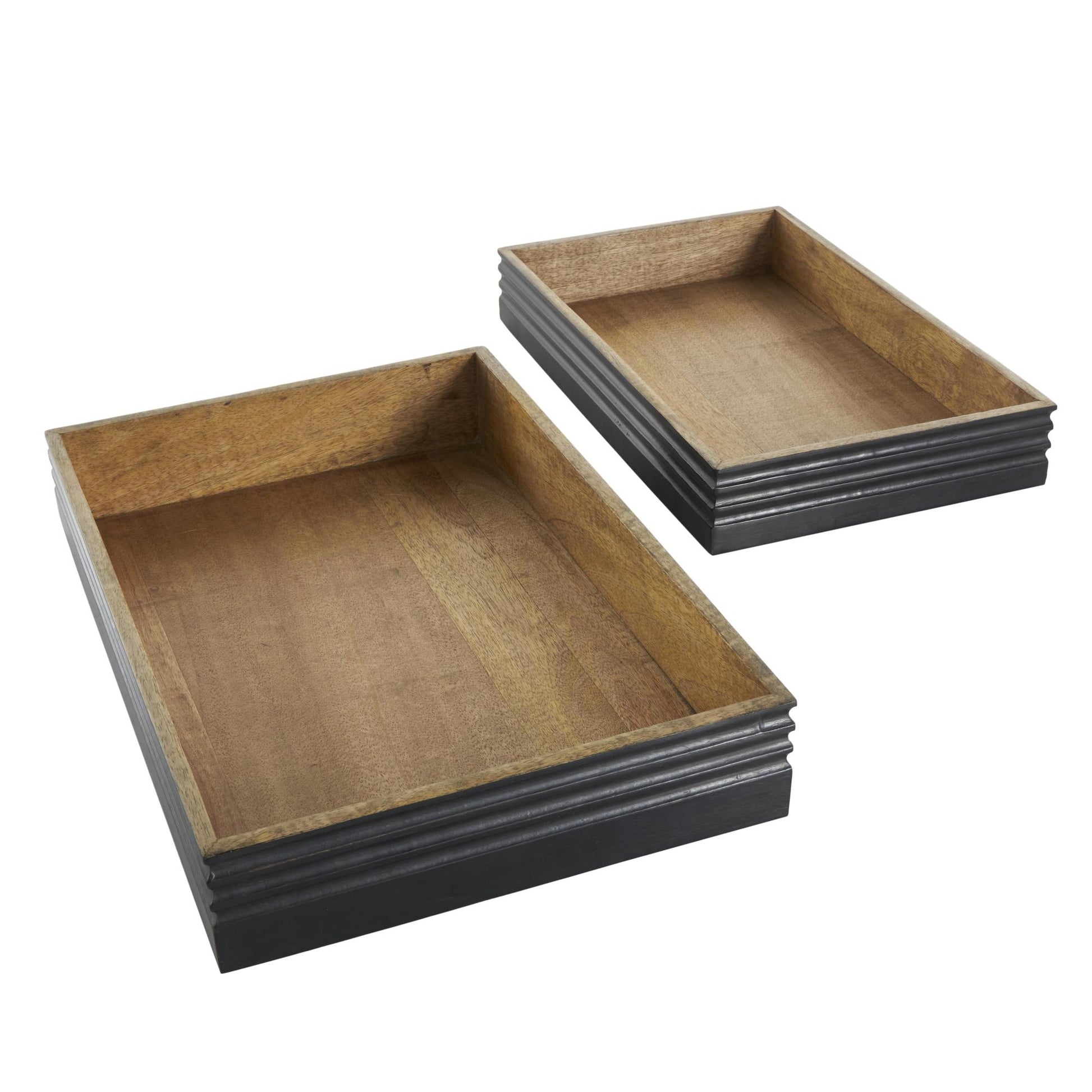 Set of 2 Brown Mango Wood Handmade Living Room Decor Tray with Black Groove Exterior