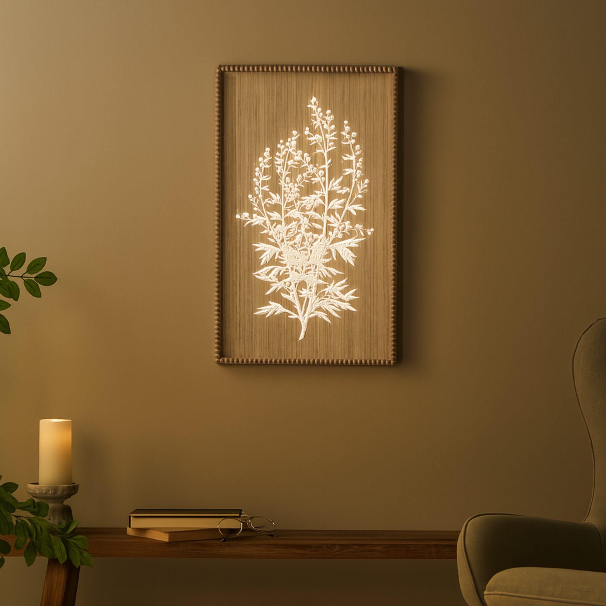 Floral Cream Wood Textured Living Room Framed Wall Art with White Painted Accents and Beaded Frame