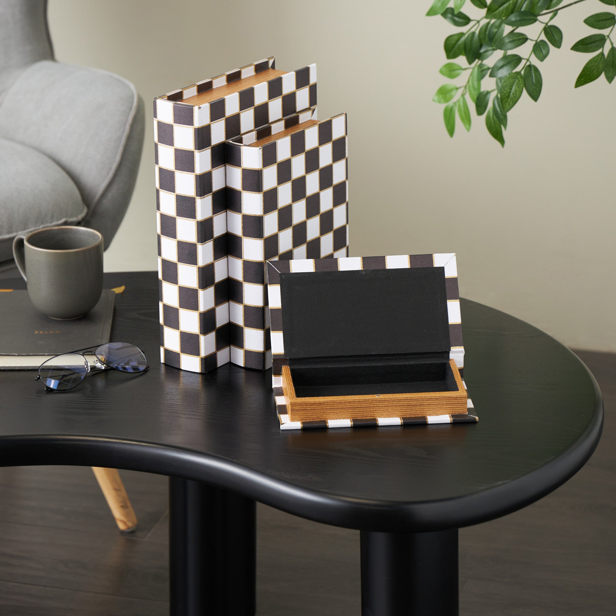 Set of 3 Black Faux Leather Checkered Faux Book Storage Decorative Box with White and Metallic Gold Accents