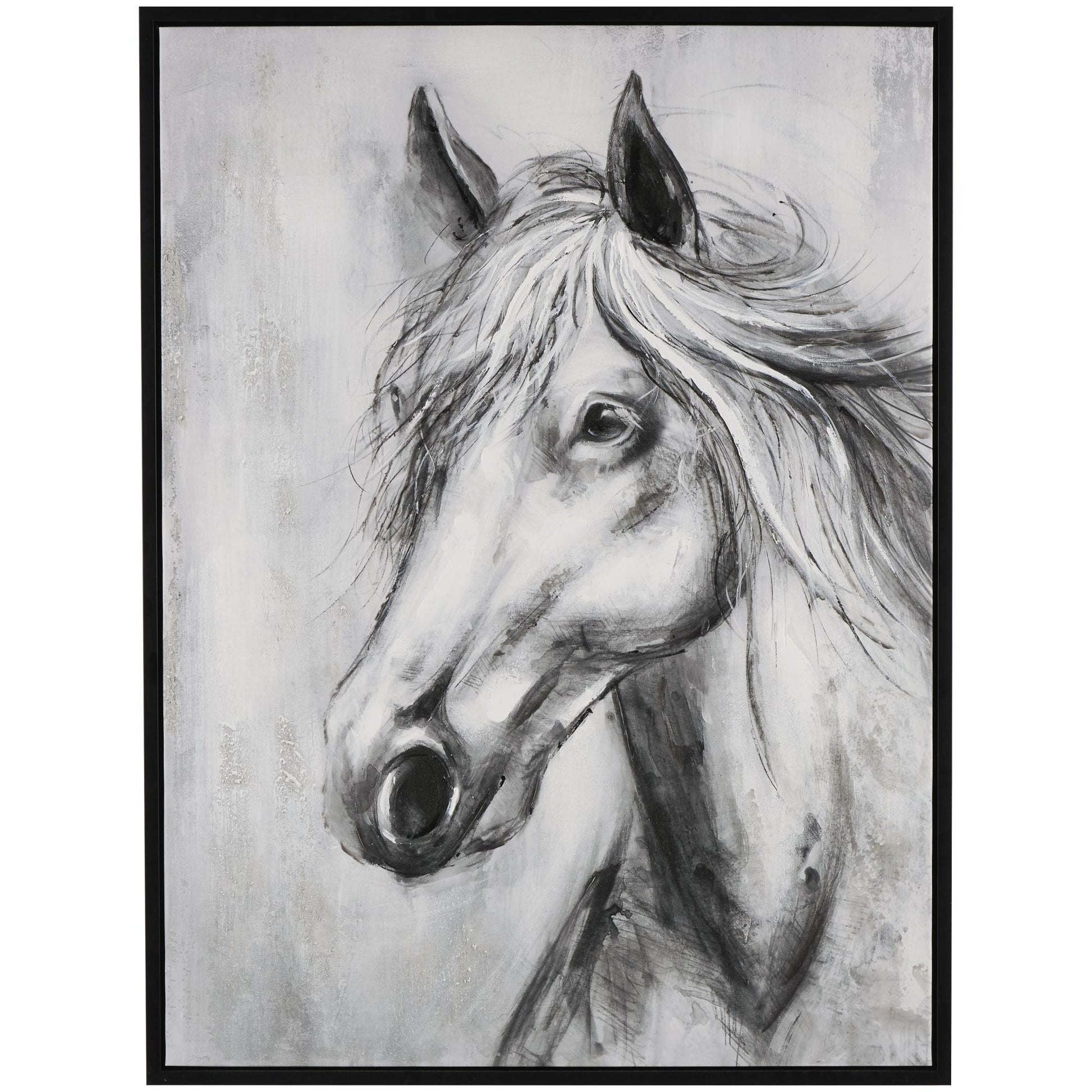 Horse Black Canvas Hand Drawn Inspired Shaded Living Room Framed Wall Art with White Background