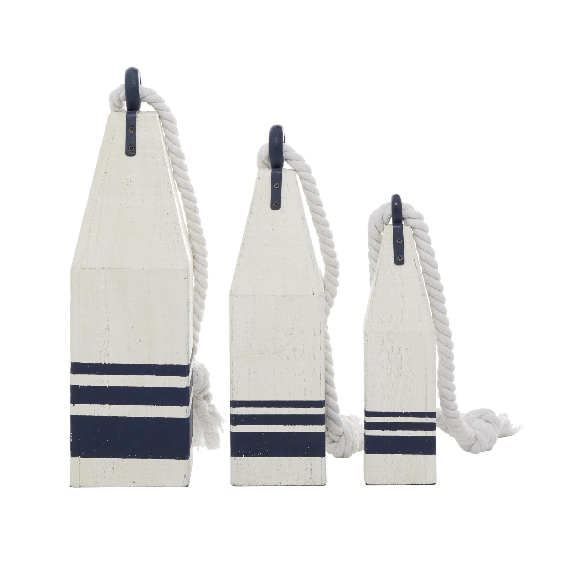 Set of 3 Buoy White Wood Handmade Decorative Sculpture with Rope Accents