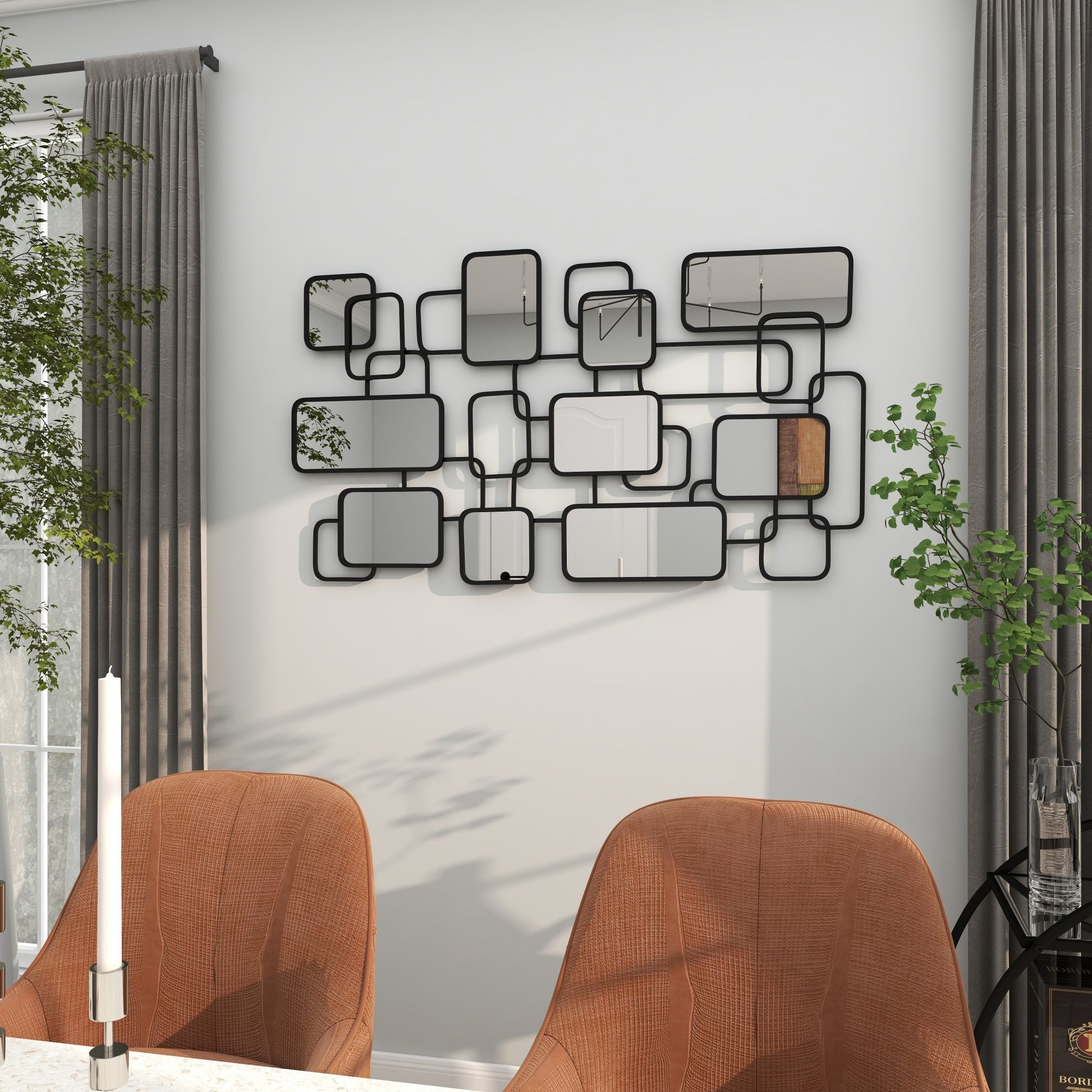 CosmoLiving by Cosmopolitan Geometric Black Metal Overlapping Rectangle Room Wall Mirror with Wire Rod Outlines