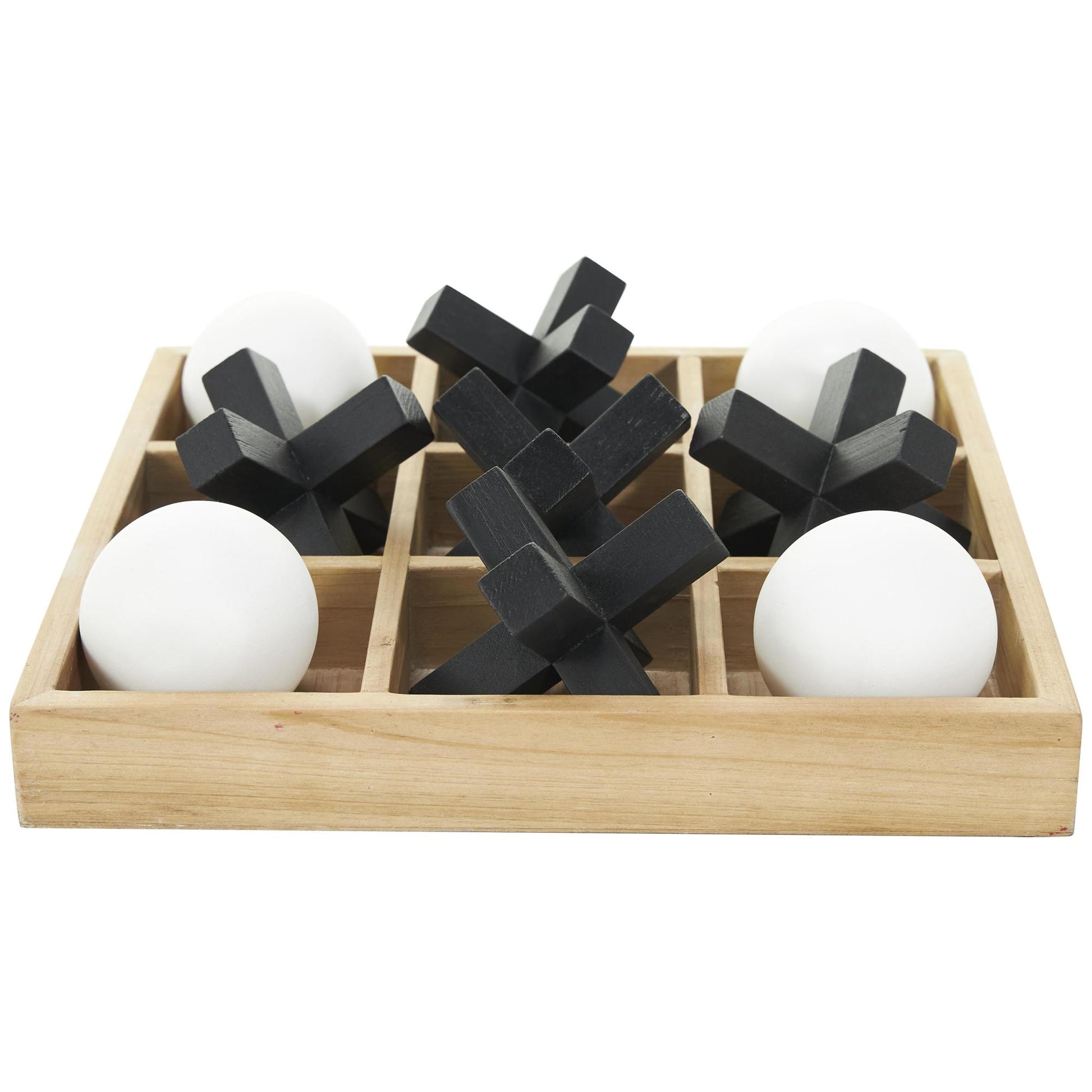 Tic Tac Toe Brown Wood Dimensional Home Decor Game Set with 3D Black and White Game Pieces